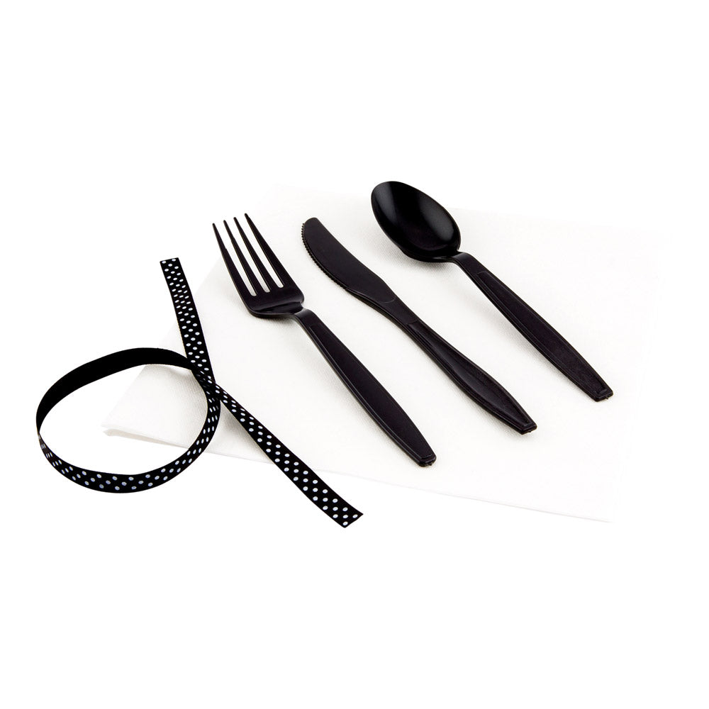 Argento Black Plastic Cutlery Set with White Napkins & Polka Dot Ribbon - 100-Piece Disposable Cutlery Kit (7.25