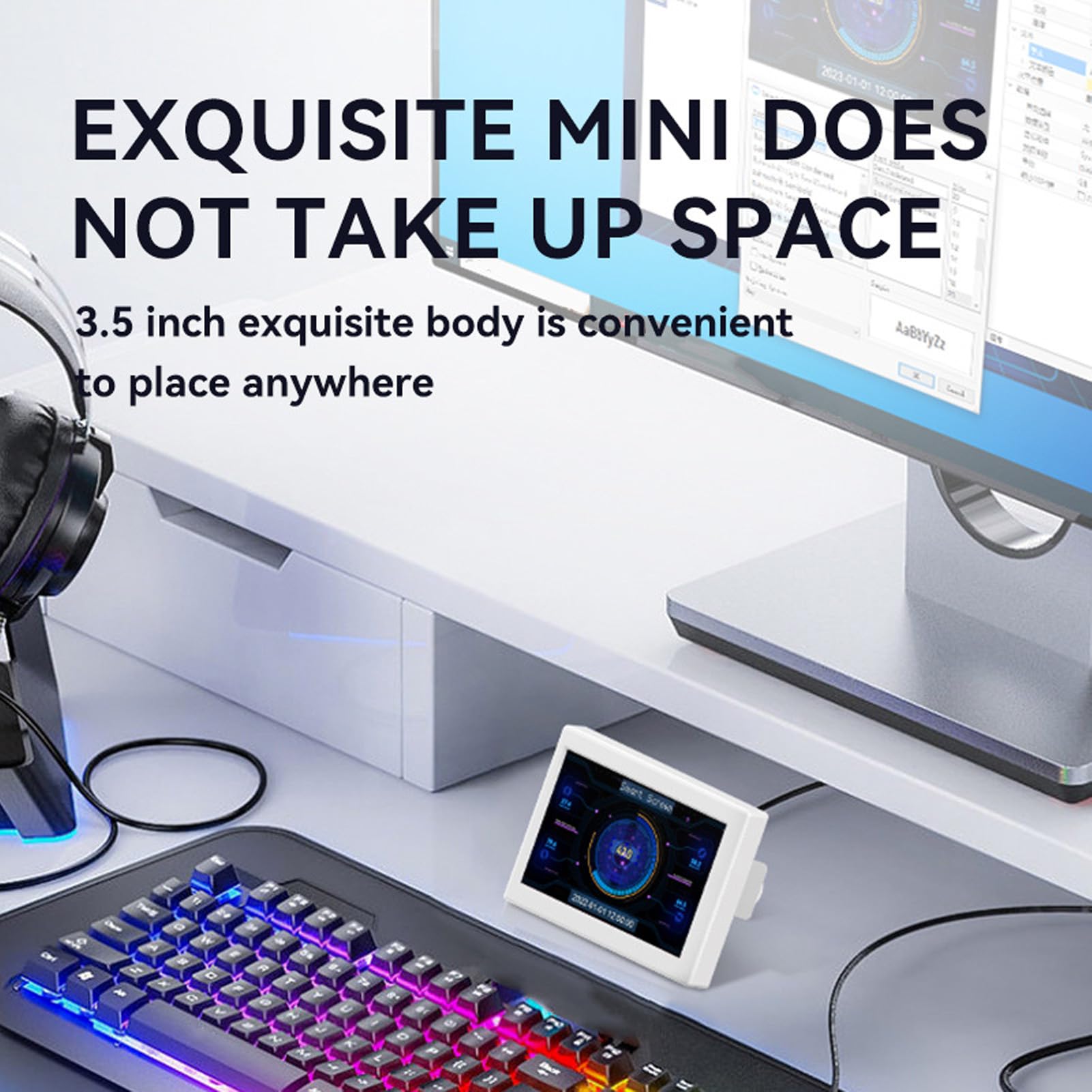 3.5 Inch IPS USB-C PC Temperature Monitor with Continuous Dimmer & Rotating Theme Editor - CPU Data Display for Desktop Chassis (White) - Perfect for Gaming Rigs, Workstations & Home Office Setups