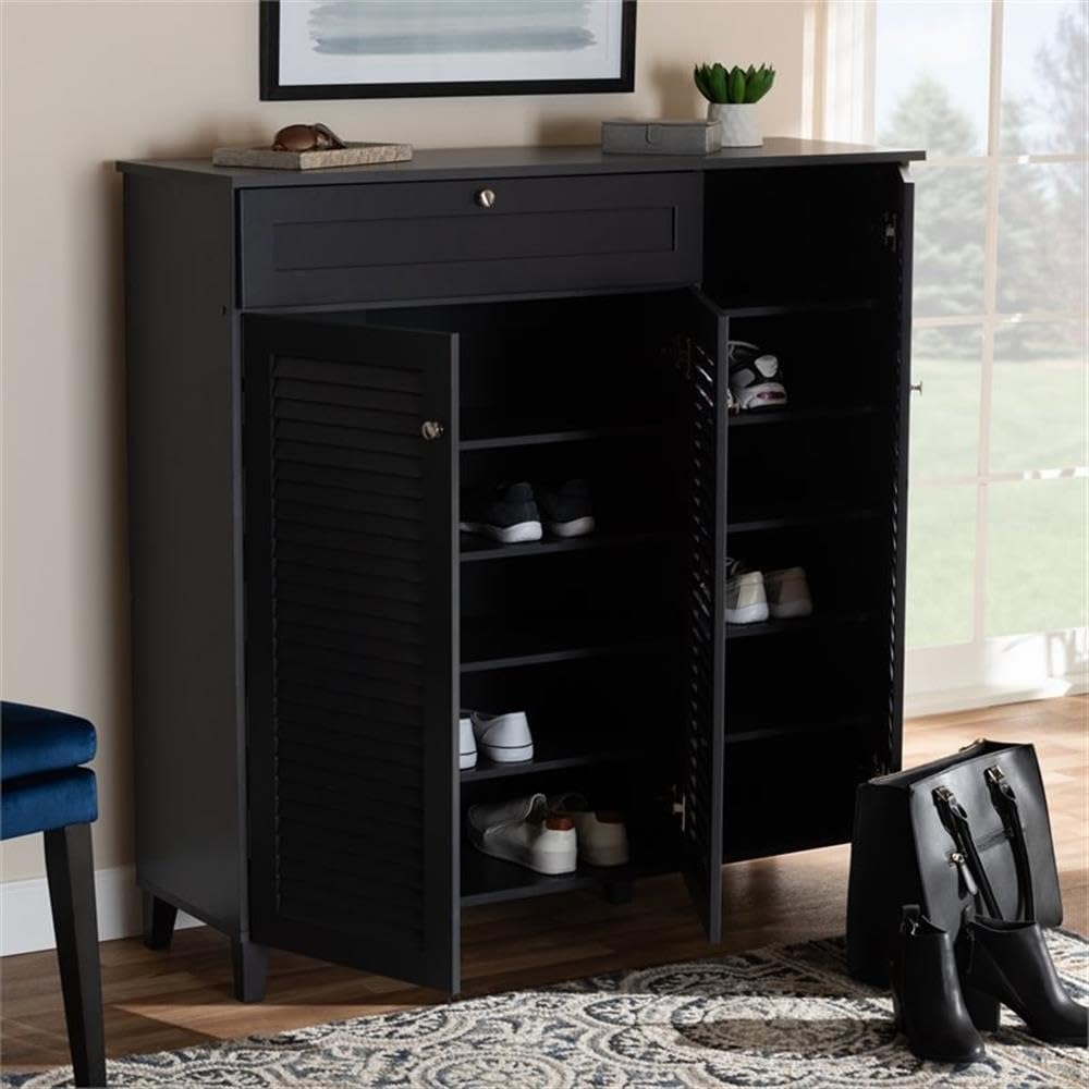 Baxton Studio Coolidge Modern 11-Shelf Shoe Storage Cabinet with Drawer - Dark Grey Wooden Organizer for Entryway, Bedroom & Closet Organization