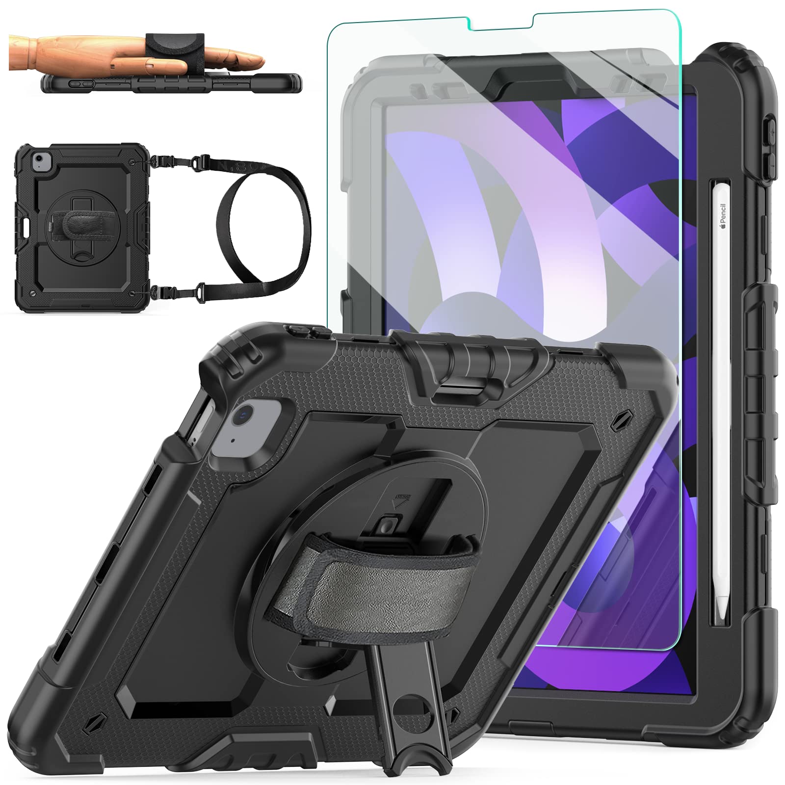 Premium iPad Air 5/4 (10.9'' 2022/2020) & iPad Pro 11 (2021/2020/2018) Protective Case - Shockproof Full-Body Cover with 9H Tempered Glass Screen Protector, 360° Rotatable Kickstand & Hand Strap | Perfect for Kids, Travel, Work & Home Use (Black)