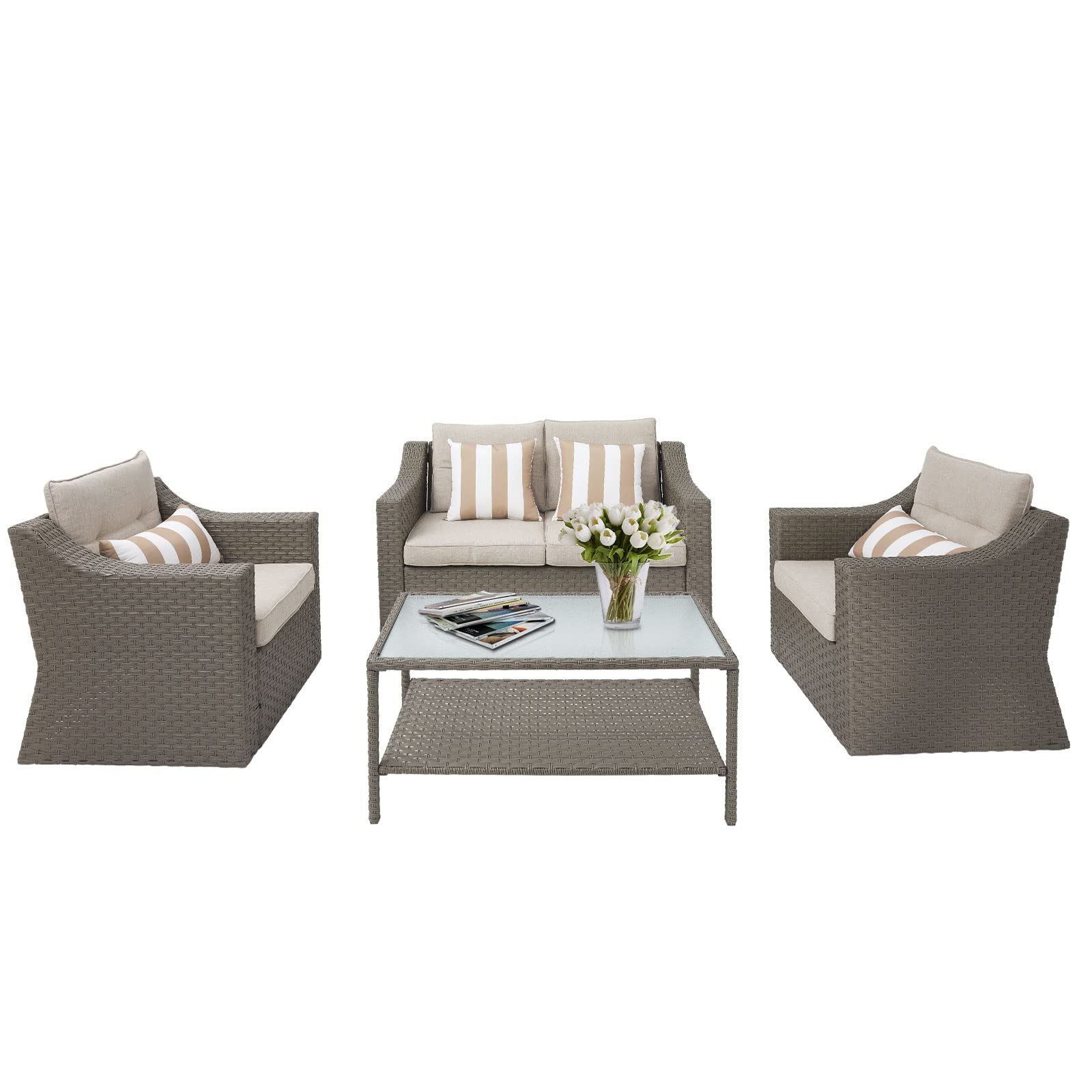 **Crownland 4-Piece Outdoor Patio Furniture Set - All-Weather Wicker Sofa with Beige Cushions & Tempered Glass Coffee Table (Grey) - Perfect for Garden, Poolside, and Backyard Relaxation**