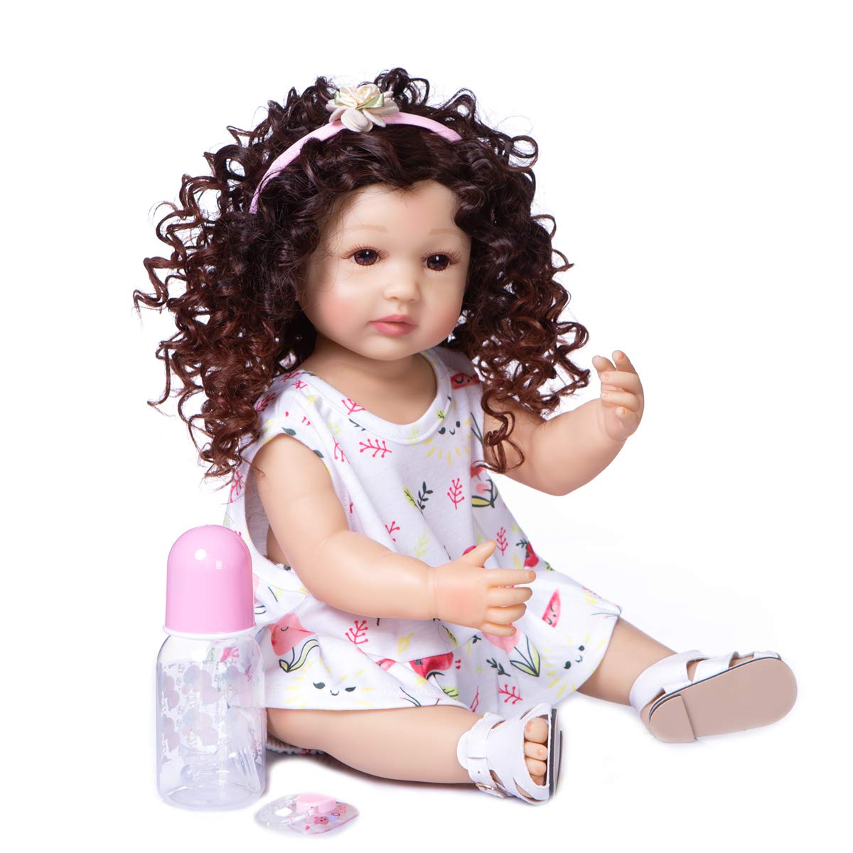 22 Inch Lifelike Reborn Baby Doll with Silicone Full Body & Big Curly Brown Hair - Realistic Toddler Girl Doll for Kids, Collectors & Christmas Gifts (55cm) | Perfect for Nursery Decor, Role Play & Gift Giving