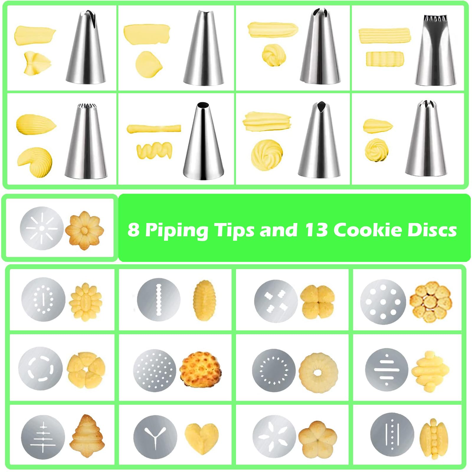 Suuker Stainless Steel Cookie Press Gun Kit - 8 Piping Tips & 13 Cookie Discs for Baking, Cake Decorating, Holiday Cookies, and DIY Dessert Making (Perfect for Christmas, Weddings, and Home Baking)