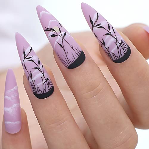 Kikmoya 24pcs Almond Stiletto Press on Nails - Purple Matte Acrylic False Nails with Clouds Moon Design & Black Grass - Full Cover Fake Nails for Women | Perfect for Parties, Weddings & Special Occasions