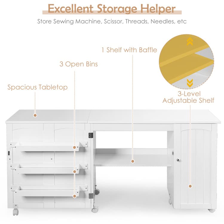 Wooden Folding Sewing Table with Adjustable Storage Shelves & Lockable Casters - Portable Rolling Sewing Cabinet Desk for Small Spaces, Craft Room & Quilting Studio (White) | Perfect for Sewing Projects, DIY Crafts & Home Organization