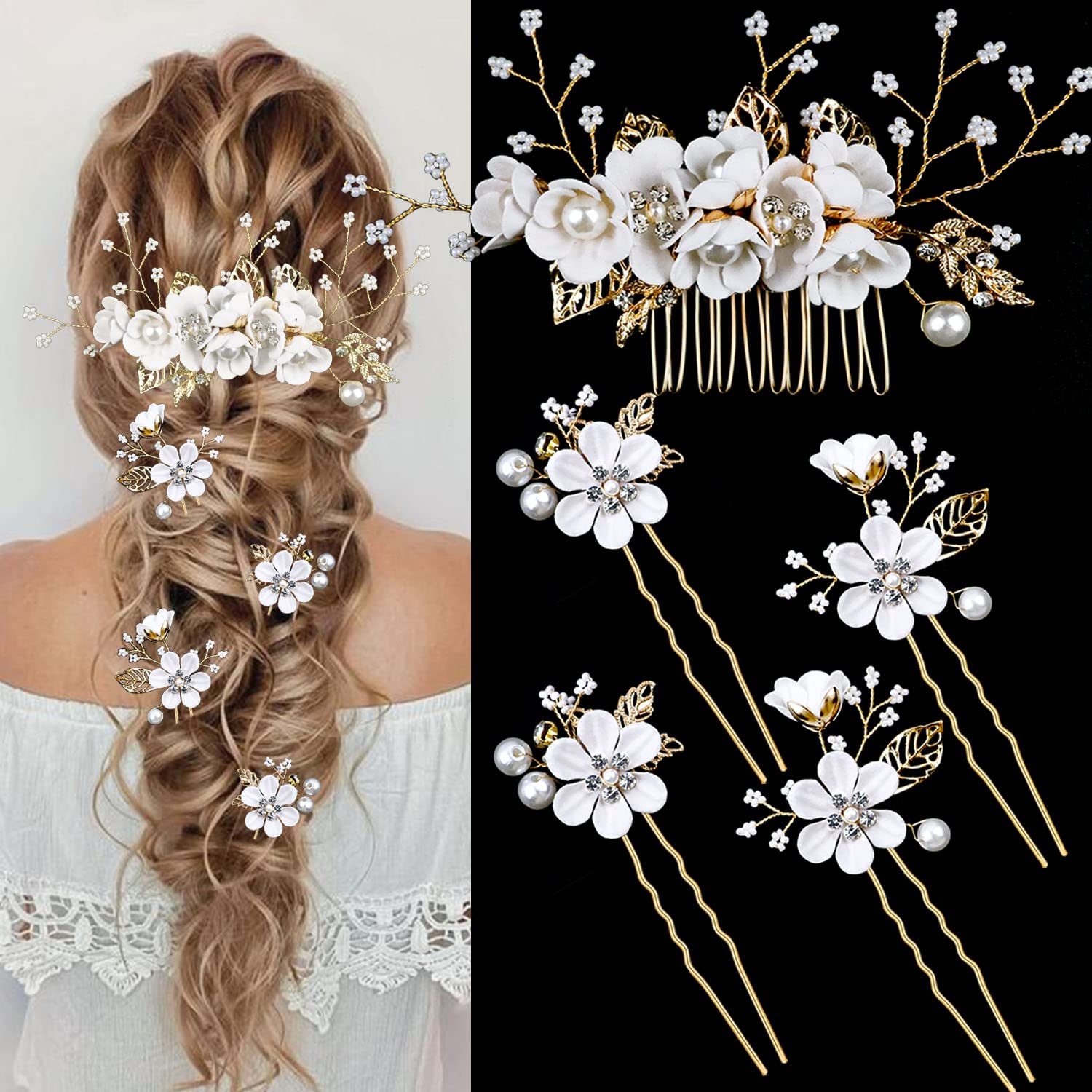 5 PCS Gold Crystal Pearl Wedding Hair Pins - Rhinestone Bridal Hair Clips Headpiece for Brides, Bridesmaids, Women & Girls - Perfect for Updos, Weddings, Prom & Special Occasions (Pure White Flower)