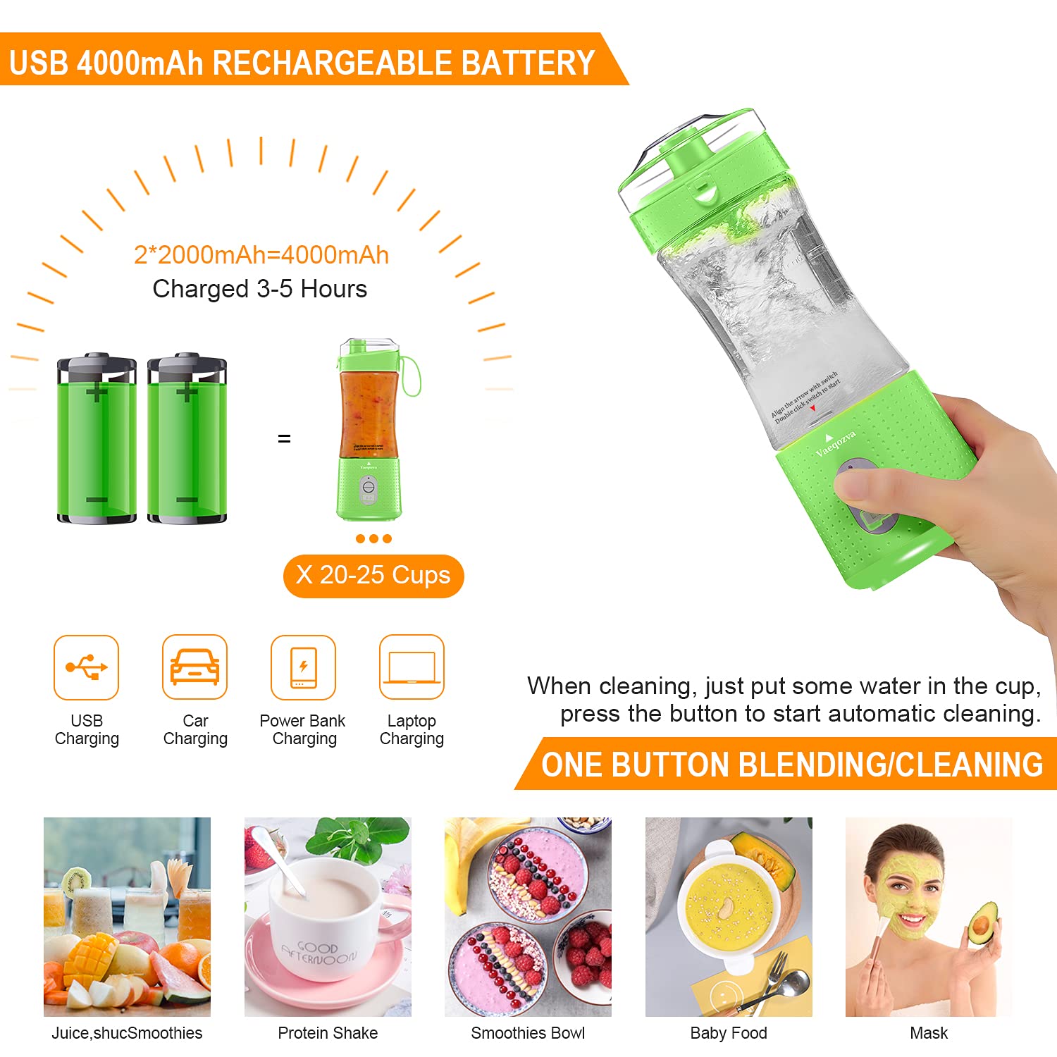 Portable USB Rechargeable Mini Blender - 6 3D Blades Personal Smoothie Maker for Shakes, Juices & Fruits | Compact Travel Blender Cup for Home, Gym, Office & Outdoor Activities | Perfect for Smoothies, Protein Shakes & Healthy Drinks on the Go - Green