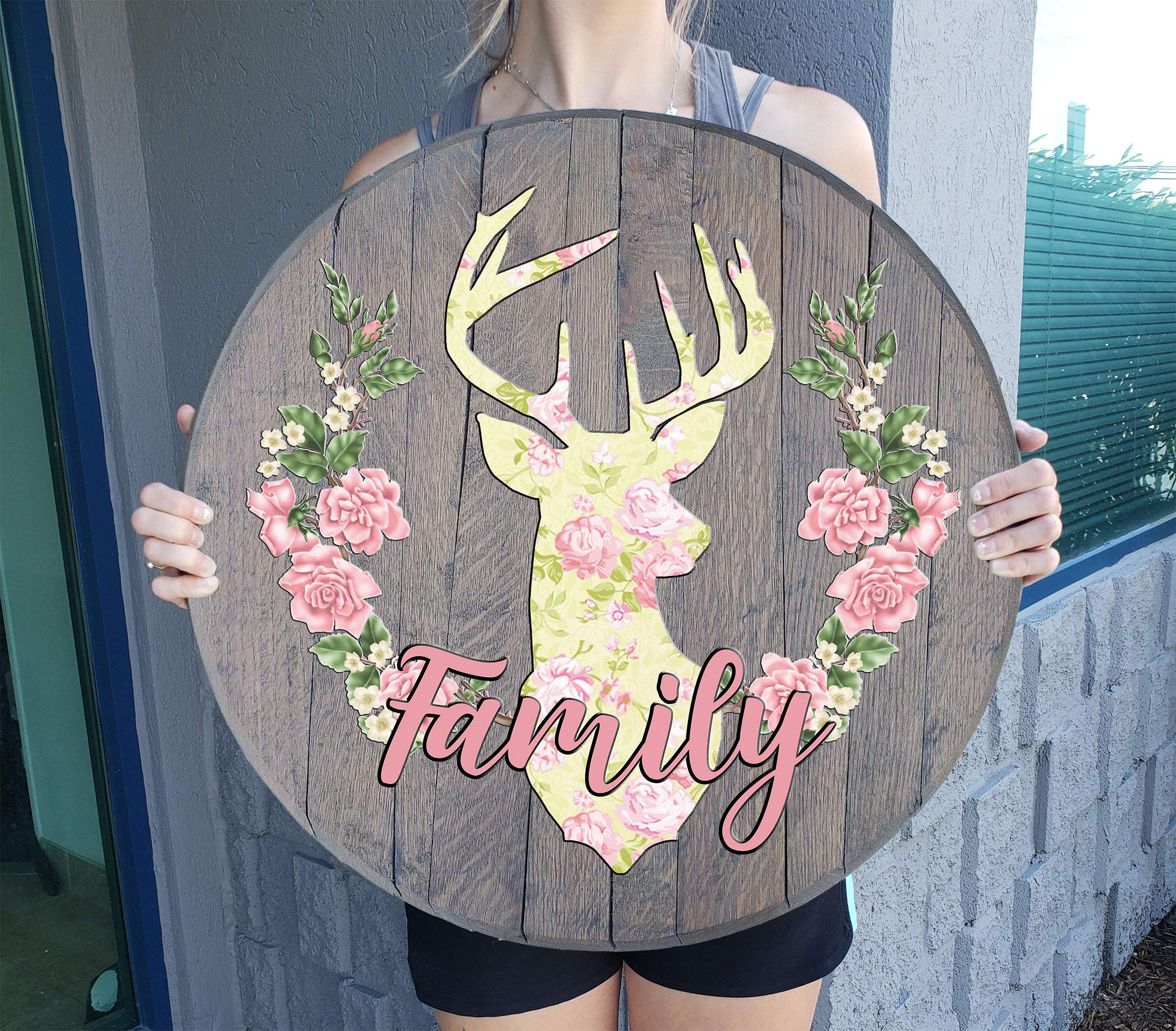 Rustic Deer Flower Reef Whiskey Barrel Lid Wall Art - Barnwood Gray Man Cave Decor for Home, Cabin & Bar - Perfect for Hunting Lodge, Western & Farmhouse Style