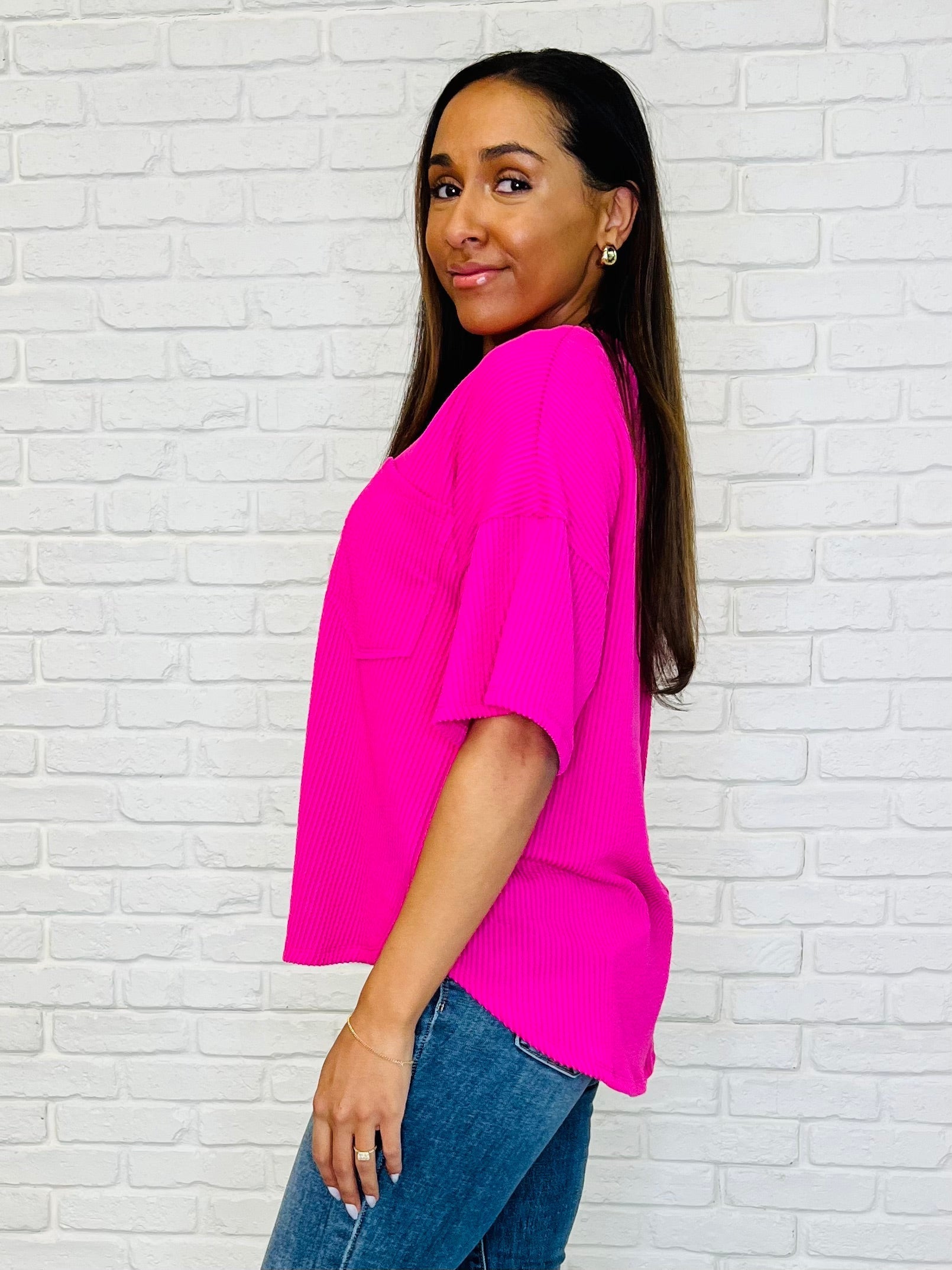 Stylish Fuchsia V-Neck Basic Tee for Women - Soft Casual T-Shirt for Everyday Wear, Outings & Layering