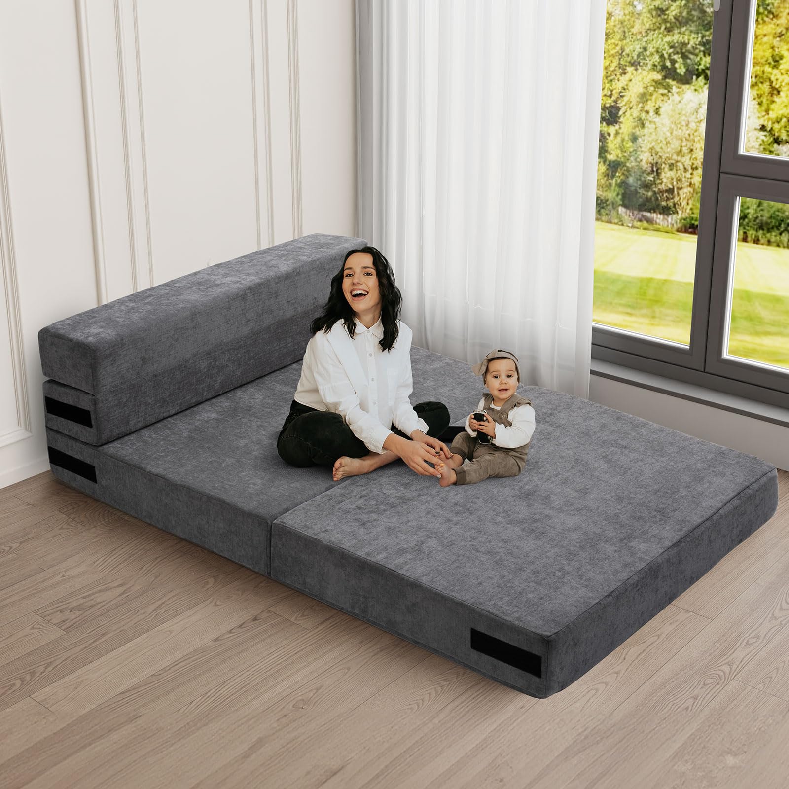 HOMFINE Folding Sofa Bed - Convertible Sleeper Chair with Pillow, Twin Size Gray Futon Couch for Small Spaces | Fold Out Couch & Foam Floor Mattress | Perfect for Living Room, Dorm, Guest Room & Home Office | Space-Saving Multi-Functional Furniture for Relaxing, Lounging & Overnight Guests