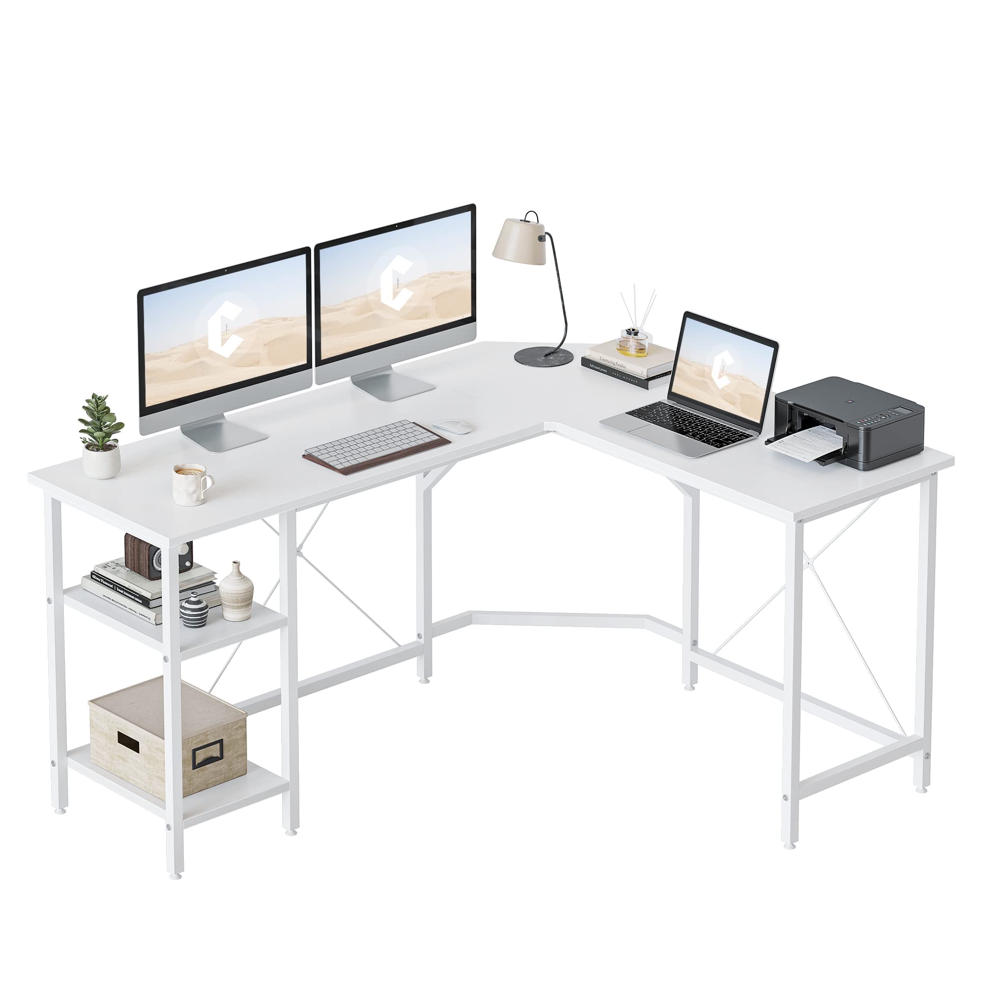 CubiCubi 59.1 Inch L-Shaped Computer Desk with Storage Shelves - Reversible Corner Desk for Home Office, Easy Assembly, White - Perfect for Small Spaces & Gaming Setup
