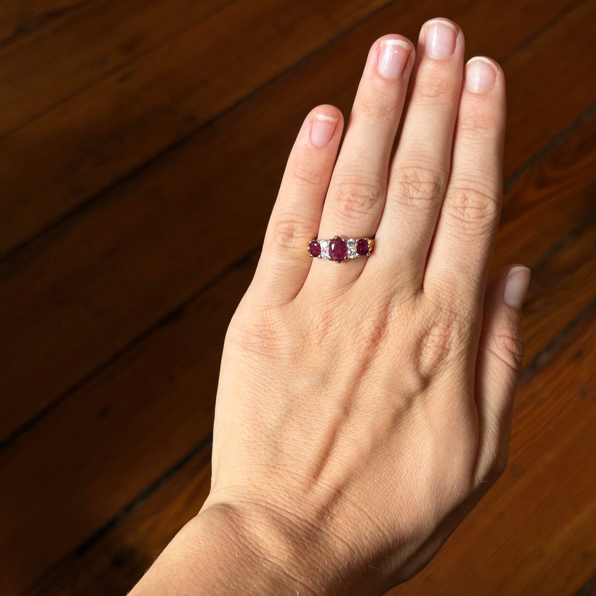 Victorian Style 3 Stone Ruby & Diamond 14K Gold Ring for Women - Elegant Vintage Jewelry for Weddings, Anniversaries & Special Occasions