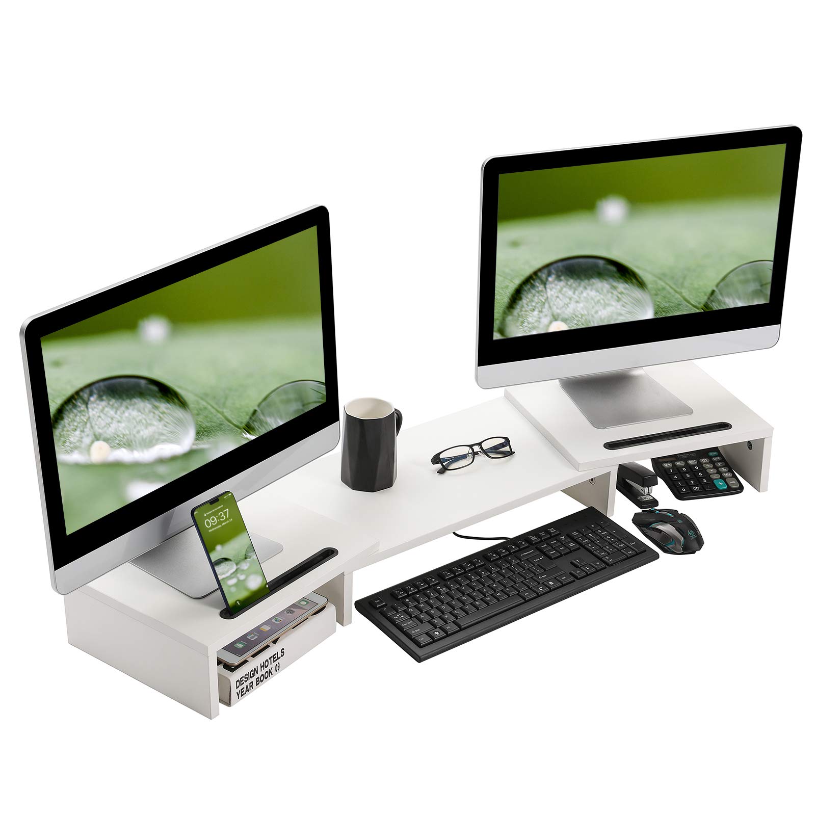 SUPERJARE Dual Monitor Stand Riser - Adjustable Desktop Organizer for Laptop, Computer, TV & Printer with Tablet/Phone Holder - White | Perfect for Home Office & Gaming Setup