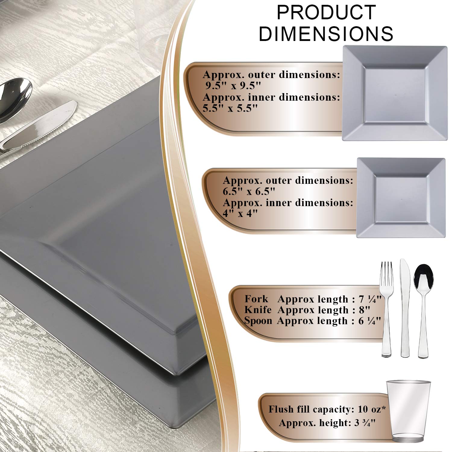 Elegant Disposable Plastic Dinnerware Set for 60 Guests - Square Silver Plates, Dessert Plates, Cutlery & Cups | Perfect for Weddings, Birthday Parties, Catering & Special Events | Durable & Stylish Tableware for Hassle-Free Entertaining