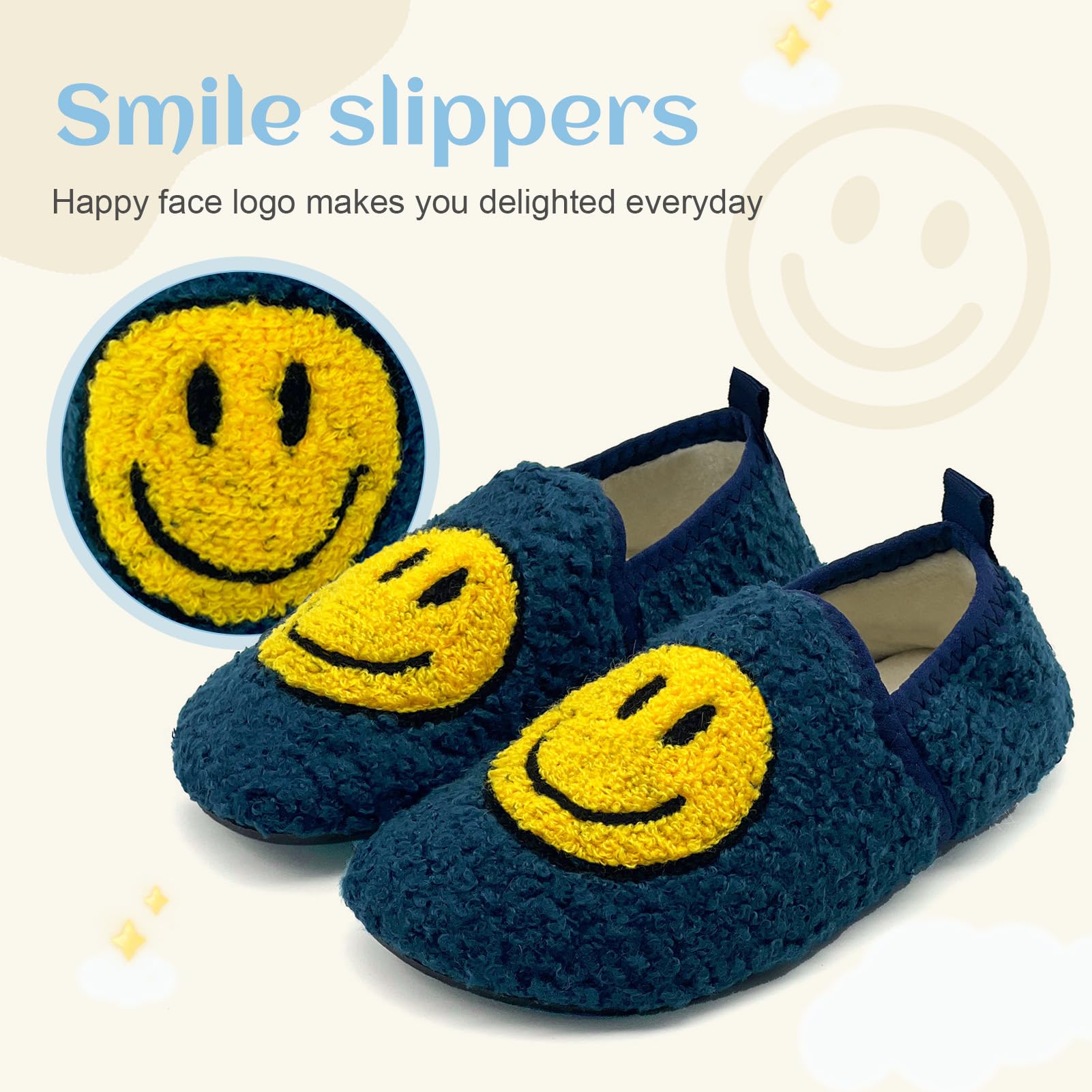 FUUPNN Retro Cute Smile Face Slippers for Toddler Boys & Girls - Soft Plush Fuzzy House Shoes with Non-Slip Memory Foam for Winter Warmth | Cozy Indoor/Outdoor Slippers for Kids' Bedroom, Playroom & Preschool