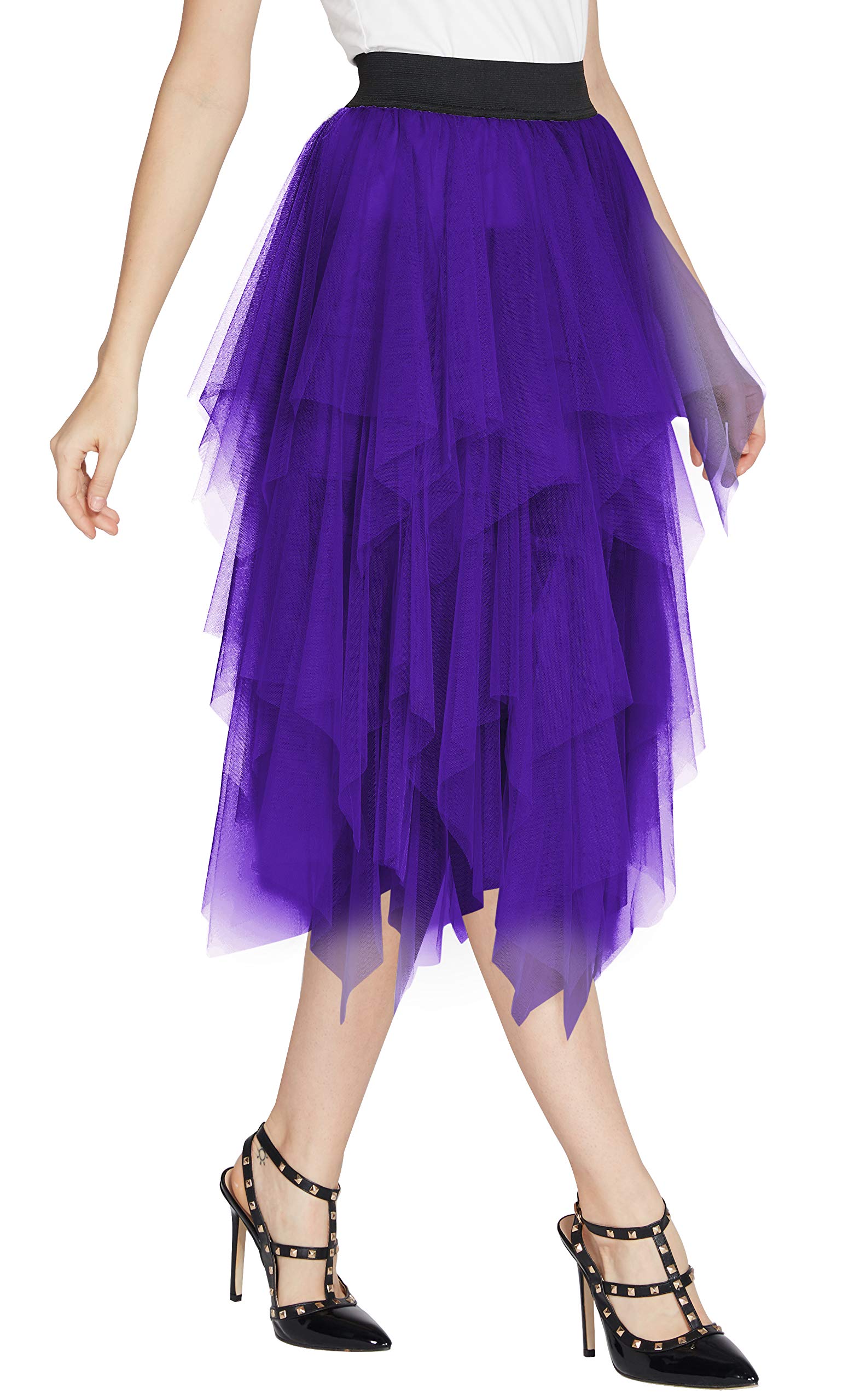 Elegant Women's Mesh Layered Tulle Skirt - Sheer Tutu Midi Skirt for Party & Wedding (Deep Purple, Size L) | Perfect for Dances, Bridesmaids & Special Occasions
