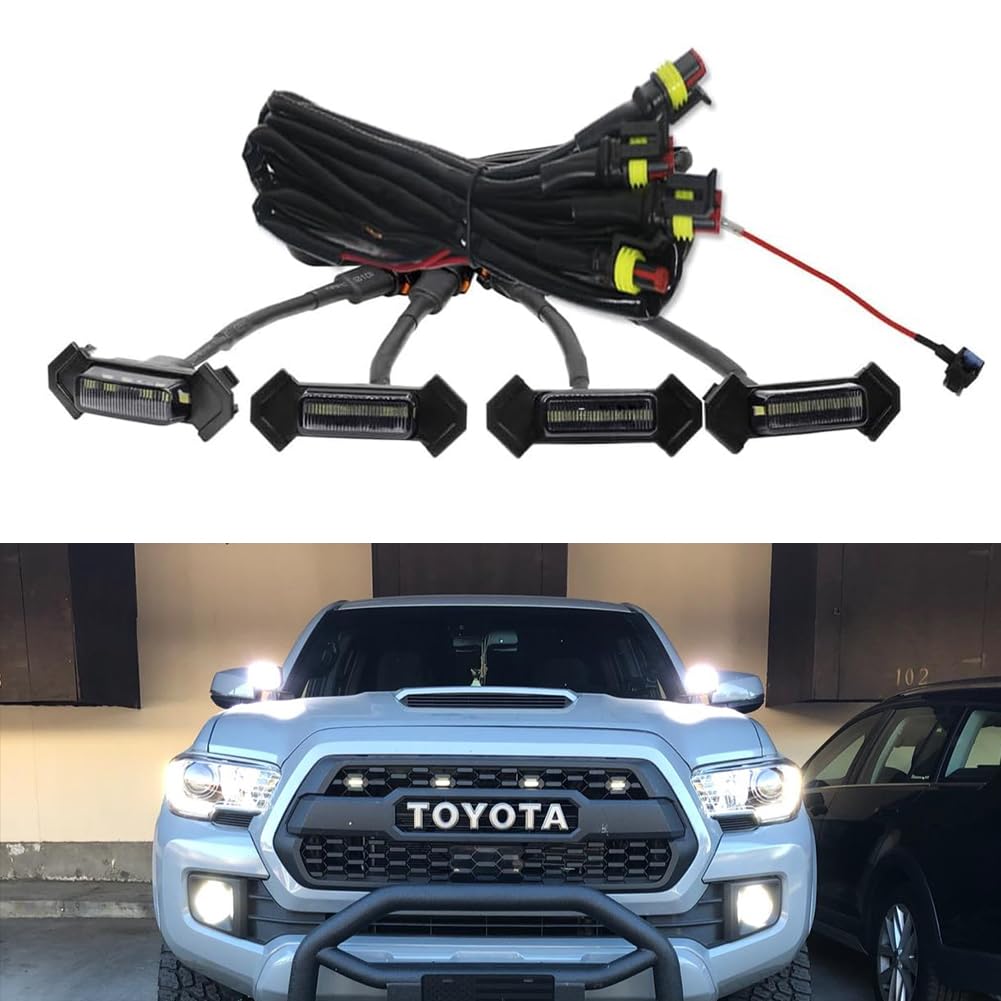 4Pcs Smoked Lens LED Grill Lights Kit for 2016-2019 Toyota Tacoma TRD PRO - White DRL Fog Lights, Off-Road Accessories for Night Driving & Custom Truck Styling