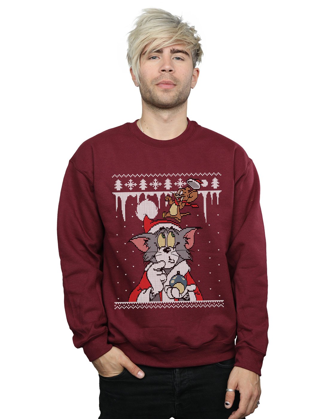 Tom and Jerry Christmas Fair Isle Sweatshirt for Men - XX-Large Burgundy Red - Cozy Holiday Pullover for Christmas Parties, Family Gatherings & Winter Outfits