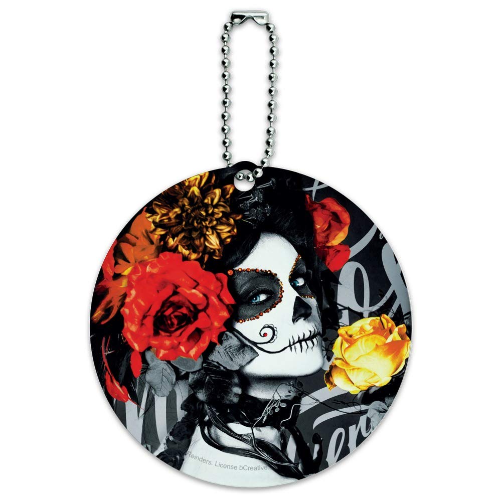 Day of the Dead Round Luggage ID Tag for Women - Colorful Mexican Sugar Skull Design - Perfect for Travel, Suitcases & Backpacks