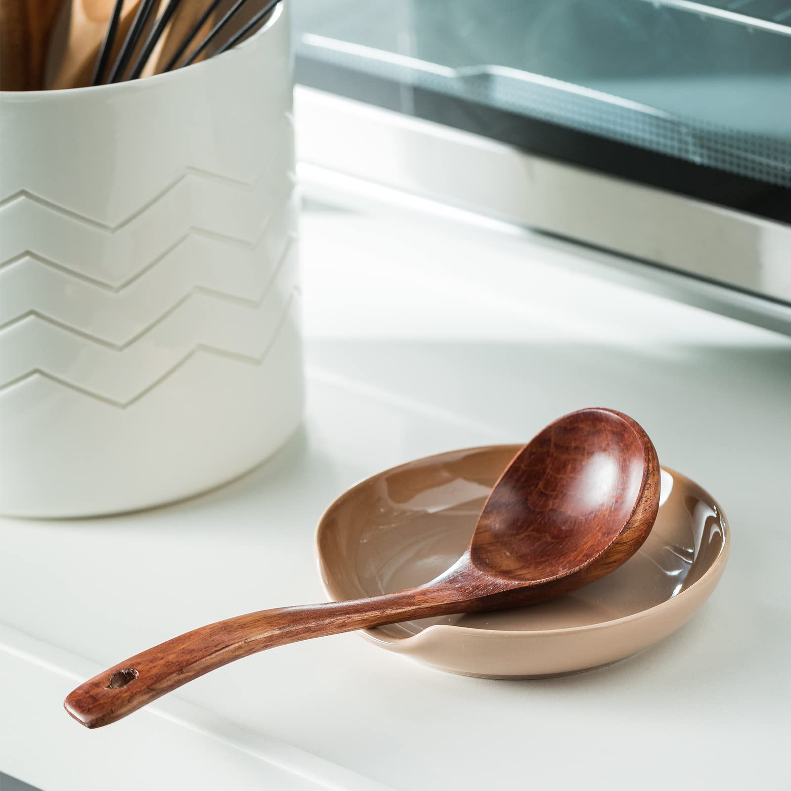Gomakren 5-Inch Large Spoon Holder for Stove Top - Spatula & Ladle Organizer, Cute Coffee Spoon Rest - Light Brown Kitchen Counter Decor - Perfect for Cooking, Baking & Coffee Making Accessories
