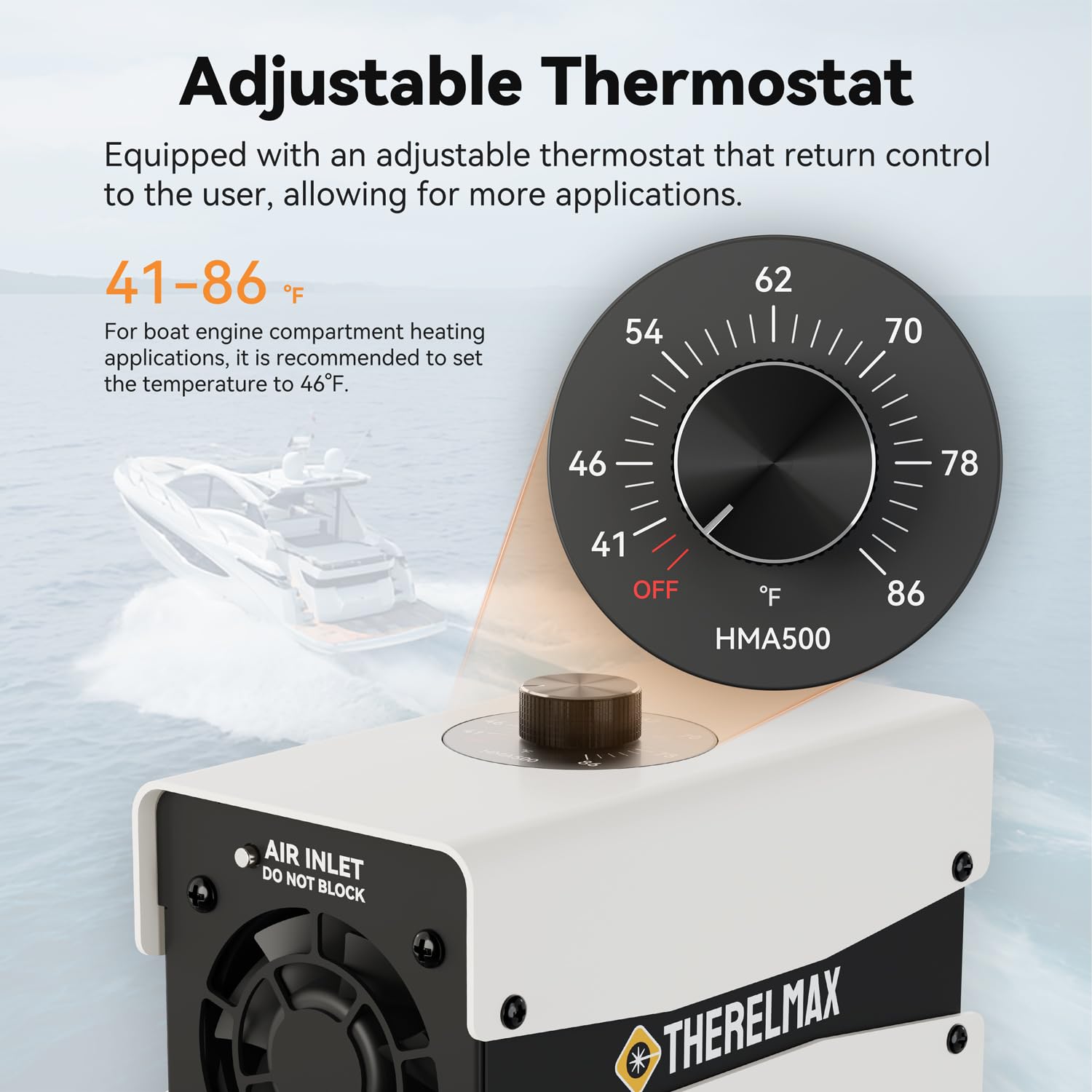 500W PTC Boat Engine Compartment Heater with Thermostat & Waterproof Fan - Safe Marine Cabin Heater for Winter - Prevent Freezing in Boat Bilge, Cabin & Pump - Ideal for Yachts, Fishing Boats & Marine Use - White