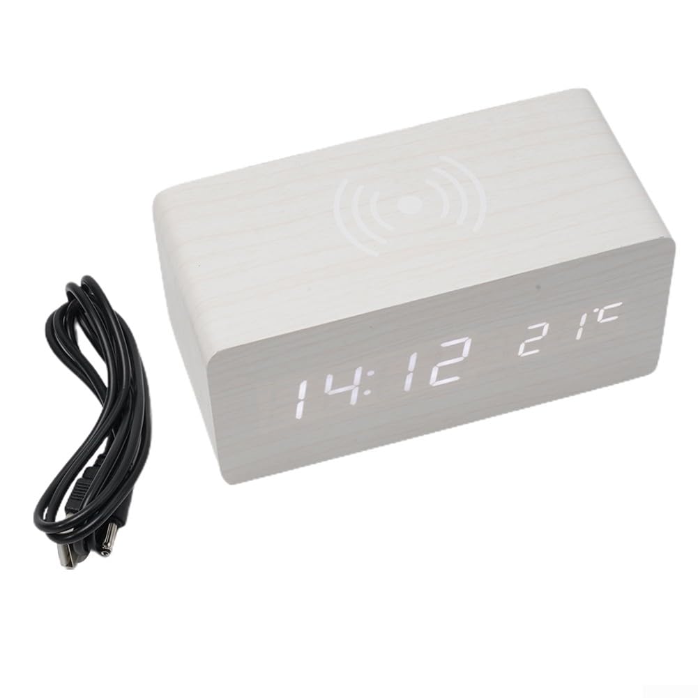 Wireless Charging Digital Alarm Clock with Temperature Display - Wooden Design for Bedroom, Office & Travel | Nightstand Essential for Home Decor