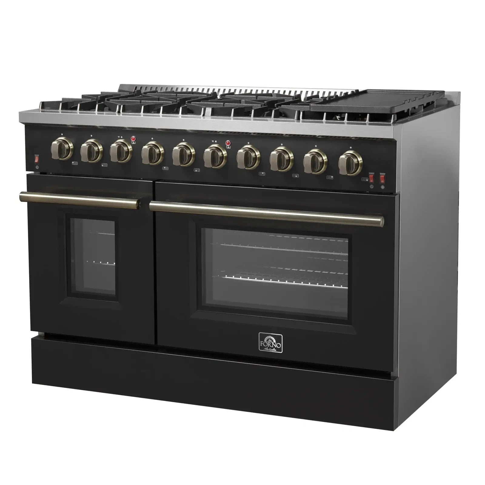 Forno Galiano 48-Inch French Door Freestanding All Gas Range - Black with Antique Brass Trim (Model FFSGS6444 48BLK) | Professional Kitchen Appliance for Home Chefs & Gourmet Cooking