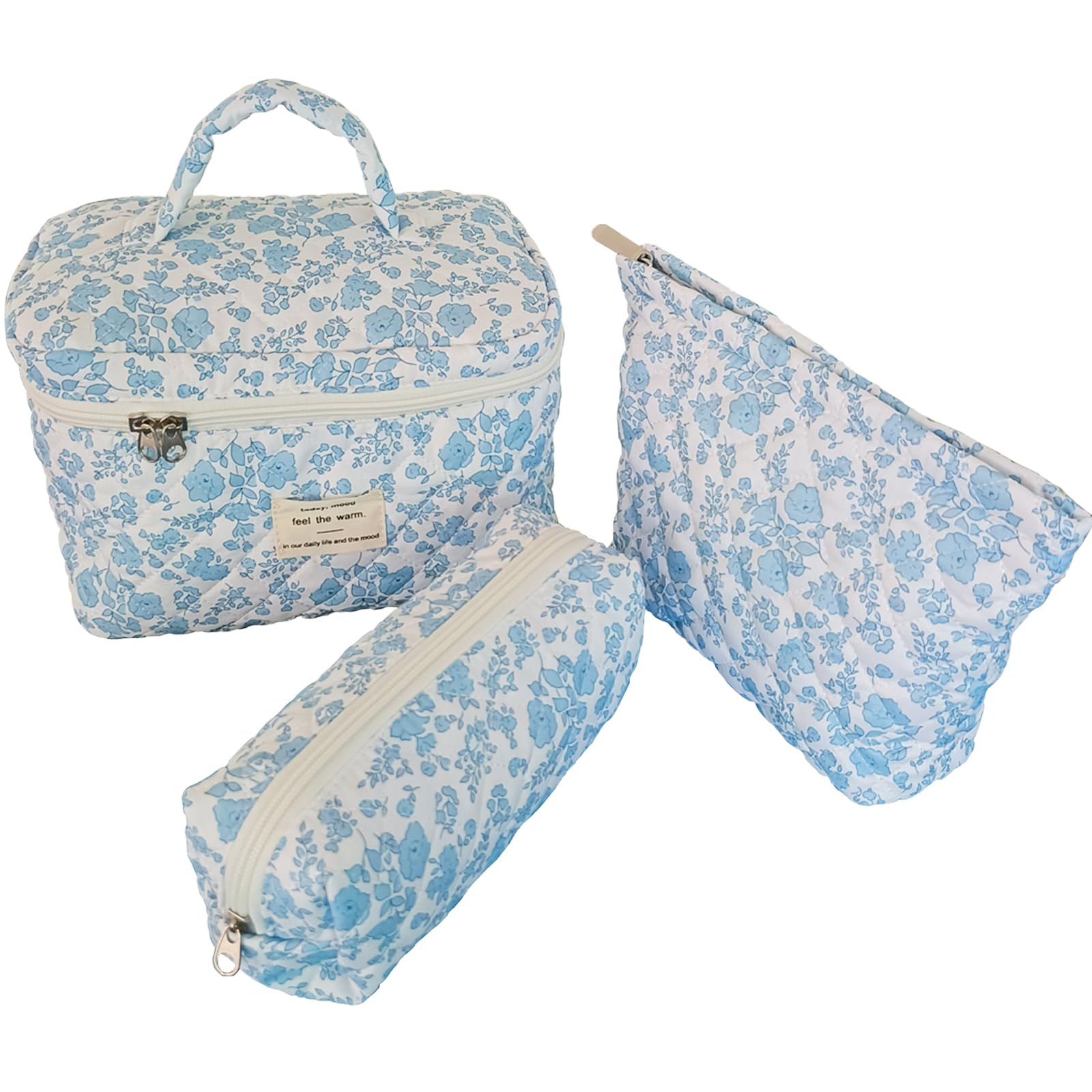 Quilted Makeup Bag Set for Women - 3Pcs Travel Cosmetic Organizer with Skincare Pouch, Floral Design Large Makeup Case for Girls (Blue) | Perfect for Travel, Gym & Daily Beauty Essentials Storage