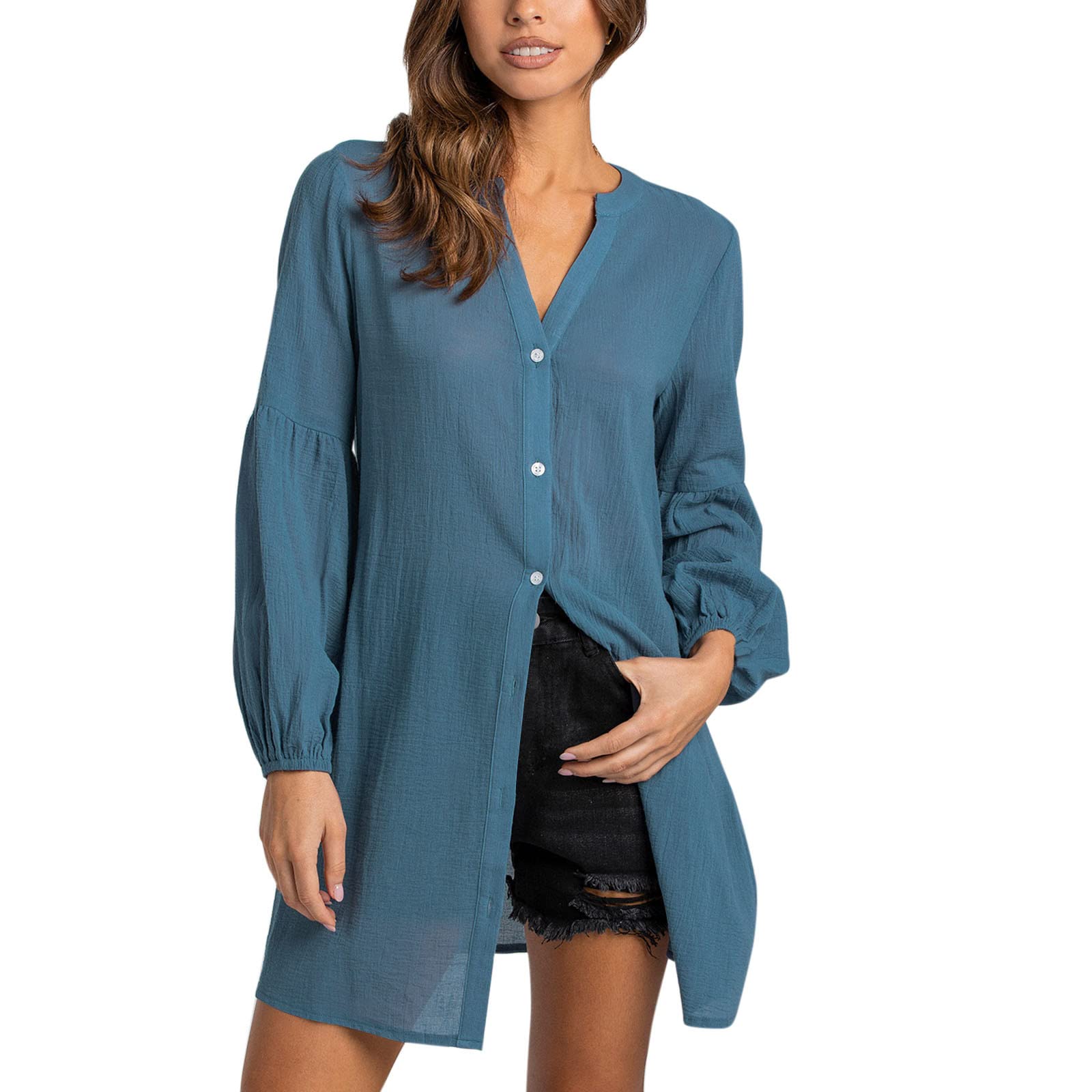 Women's Long Sleeve V-Neck Button-Down T-Shirt - Solid Black Casual Blouse for Everyday Wear & Office Outfits
