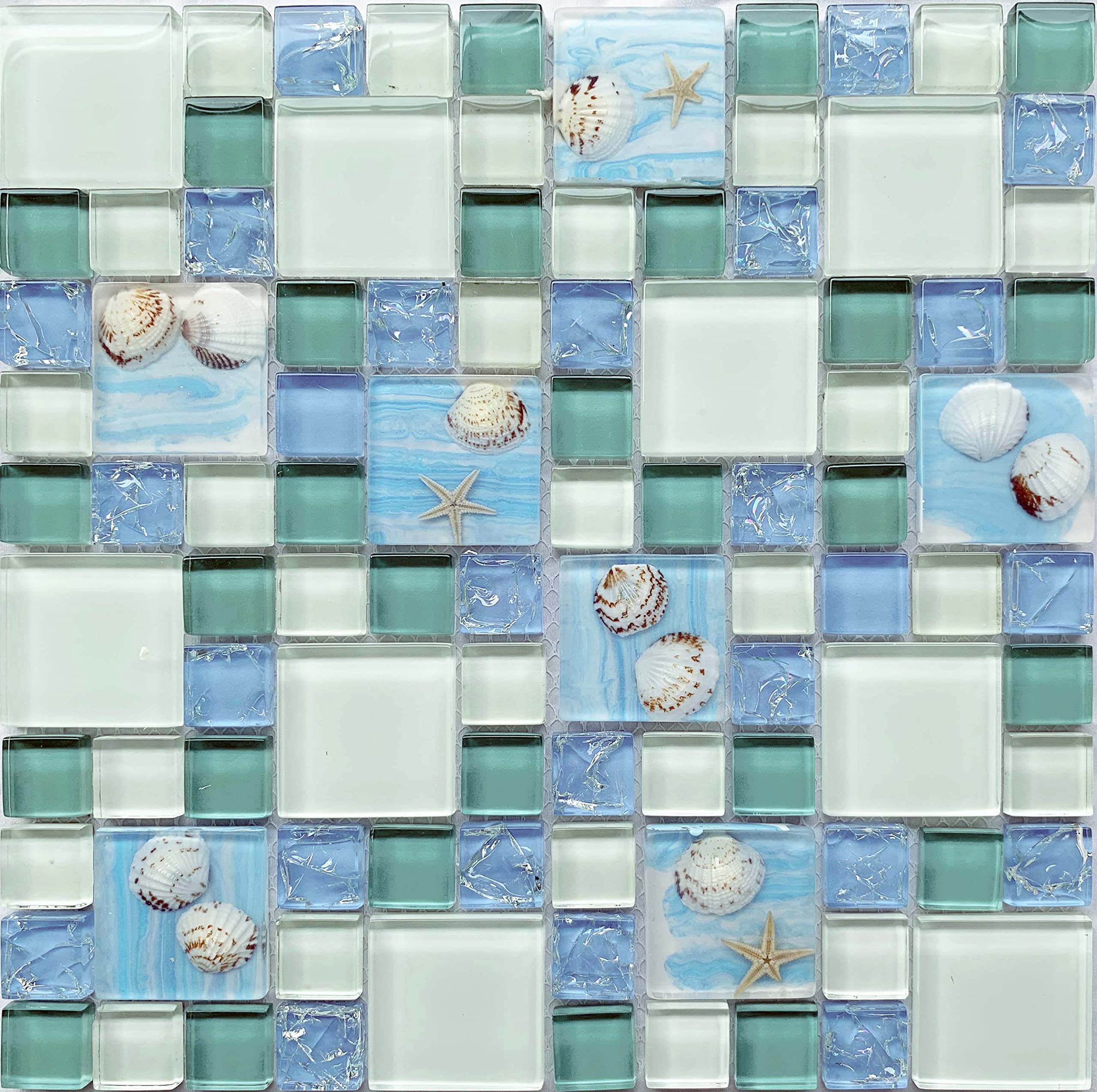 Glossy Glass Beachy Backsplash Tile - Ice Crack Blue Mosaic Resin with Shell & Starfish - Waterproof Bathroom Floor and Wall Tiles (5 Sq Ft) - Perfect for Coastal Style Bathrooms, Kitchen Backsplashes & Shower Walls