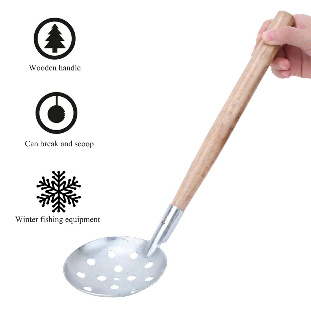 Premium Silver Wooden Handle Iron Ice Fishing Skimmer with Teeth - Quick Water Drainage Scoop for Winter Fishing (2-Pack) | Durable Portable Ice Fishing Accessories for Lakes & Outdoor Adventures