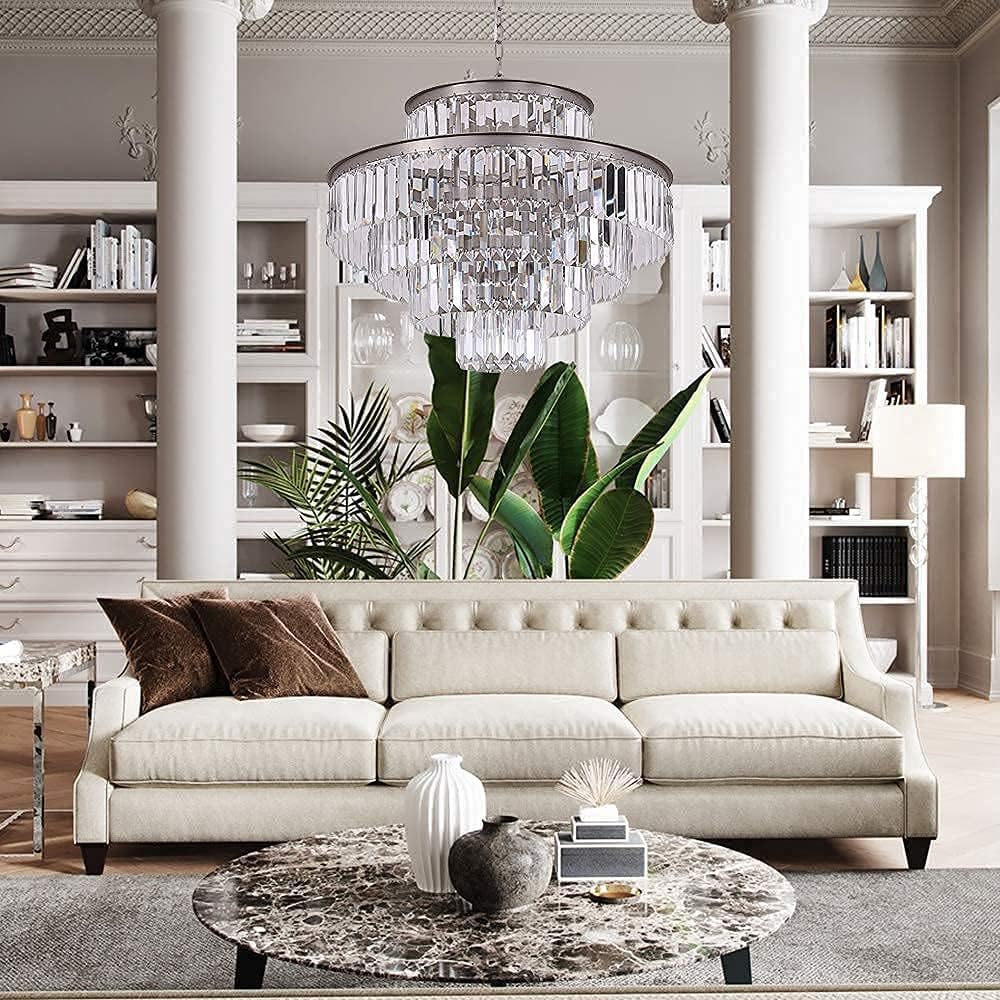 5-Tier 24 Inch Crystal Chandelier Pendant Light - 13-Light High Ceiling Fixture in Nickel Finish - Elegant Lighting for Dining Room, Living Room, Foyer & Hallway - Perfect for Weddings, Parties and Luxury Home Decor