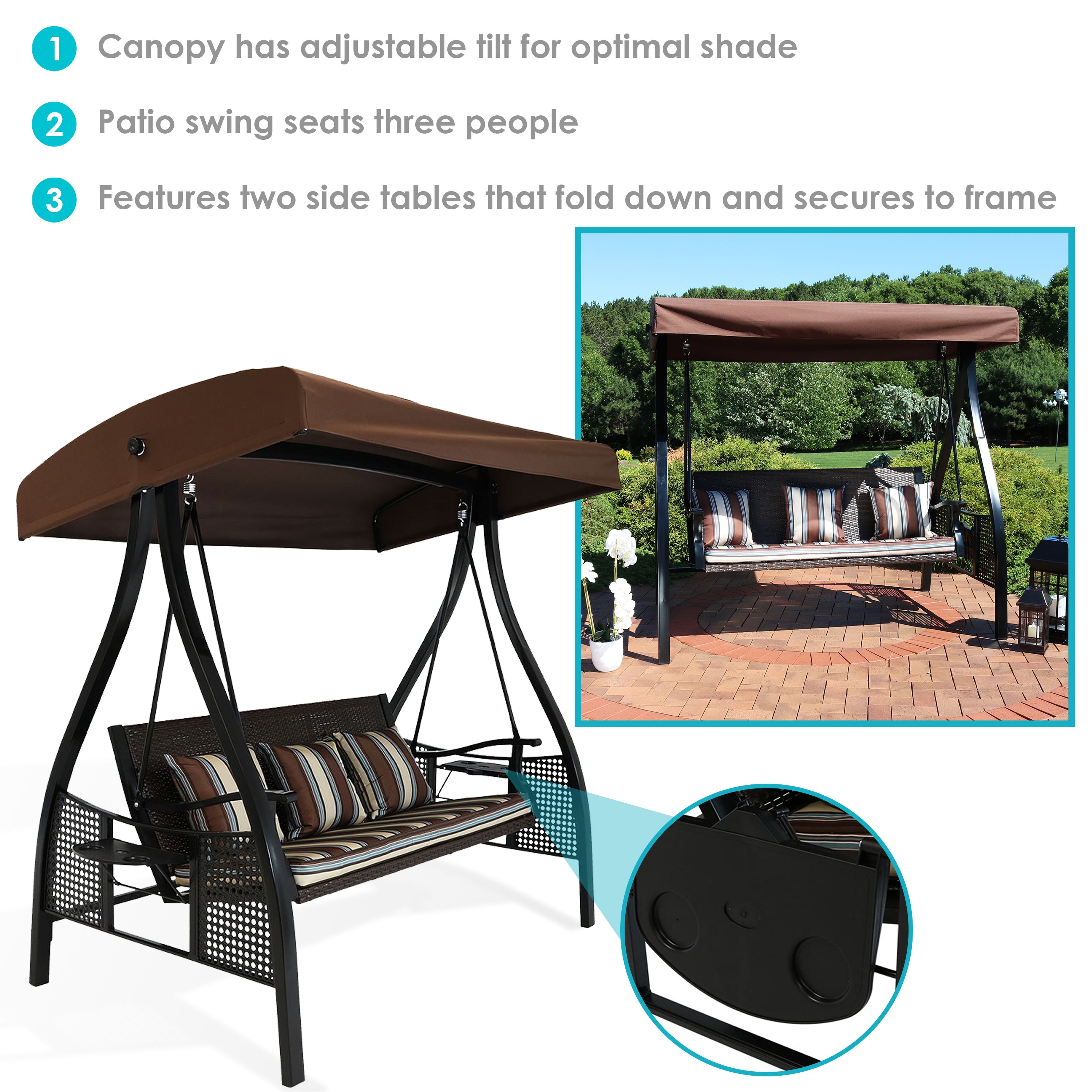 Sunnydaze Deluxe 3-Person Outdoor Patio Swing with Adjustable Canopy & Side Tables - Perfect for Backyard, Garden, or Porch Relaxation