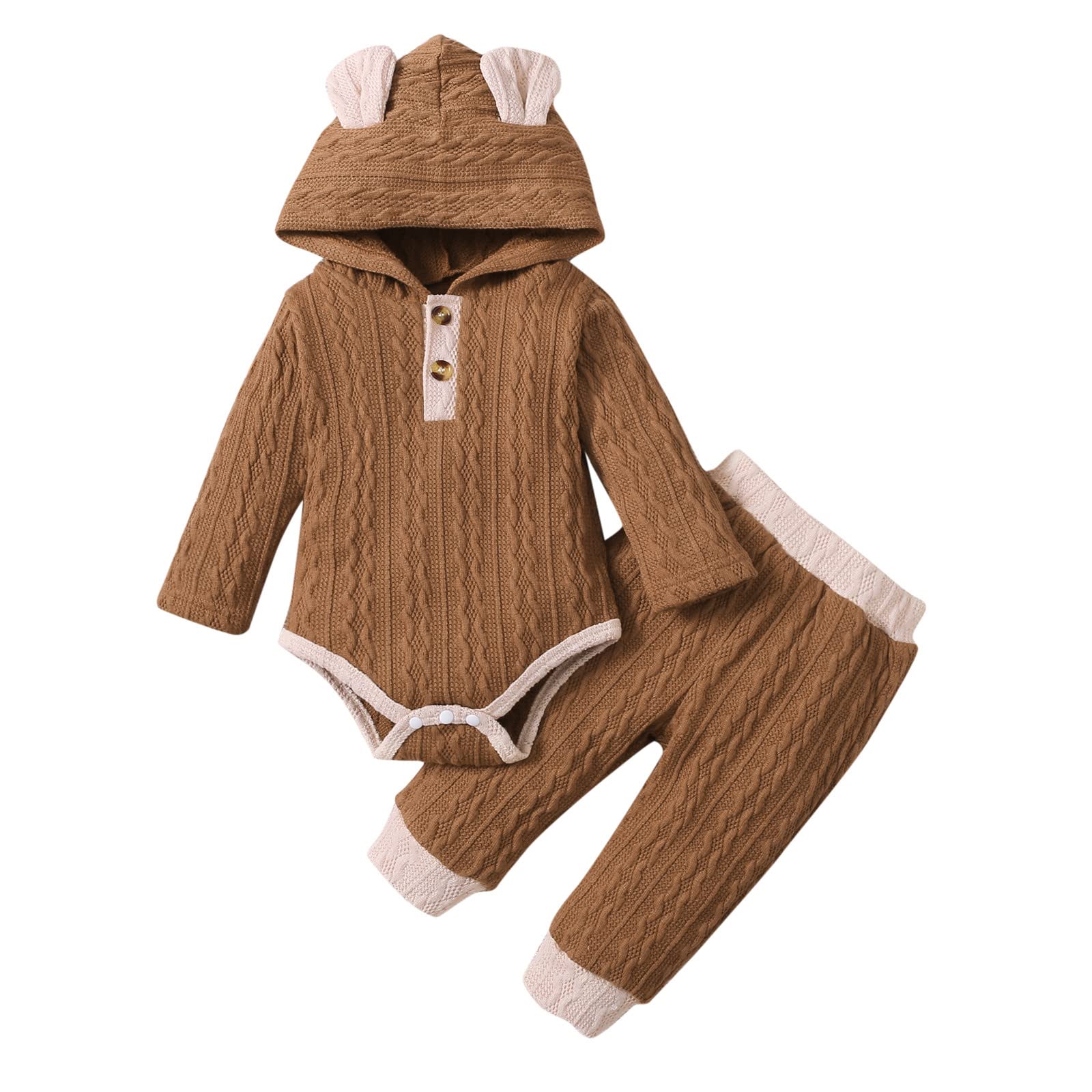 Boys & Girls Knitted Romper Set - Long Sleeve Hoodie Bodysuit & Solid Color Pants | Soft Baby Athletic Outfits for Playtime & Casual Wear