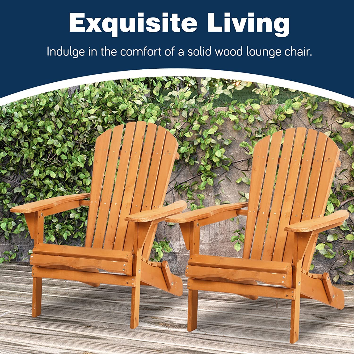 Solid Wood Folding Adirondack Chair - Weather-Resistant Outdoor Patio Furniture with Arms for Deck, Backyard, Garden & Poolside - Perfect for Relaxing, Lounging and Sunbathing