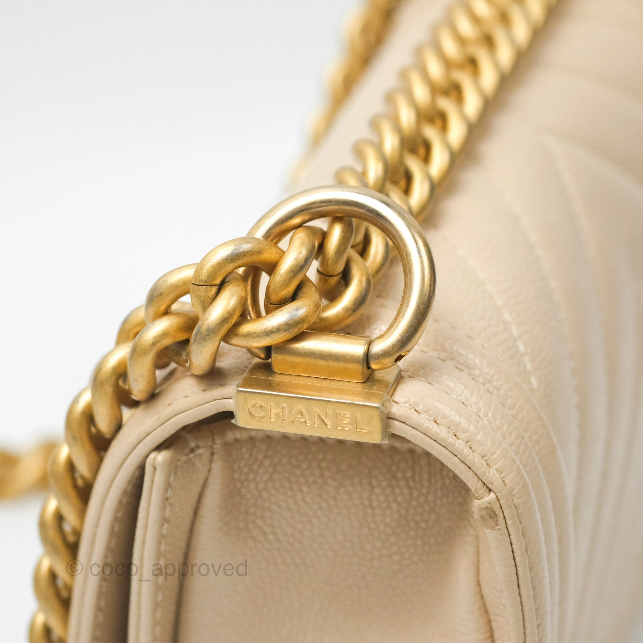 Chanel Chevron Small Boy Bag in Cream Ivory Caviar Leather with Aged Gold Hardware - Perfect for Luxury Fashion & Everyday Elegance