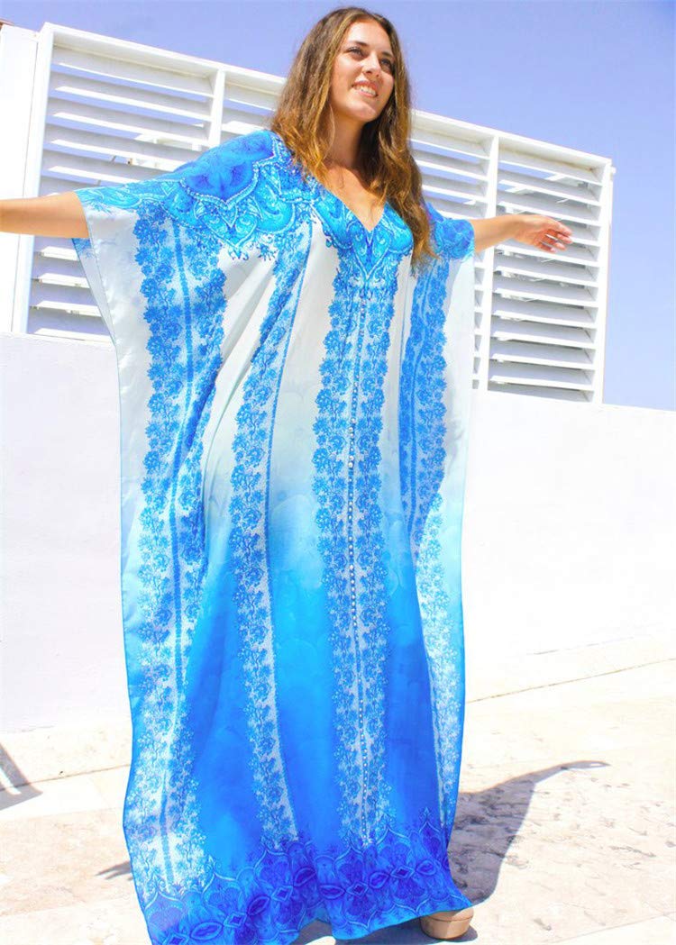 Elegant Women's Long Tunic Kaftan Maxi Dress with Batwing 3/4 Sleeves - Plus Size Summer Beach Cover Up Dress for Vacation, Pool Party & Boho Chic Outfits