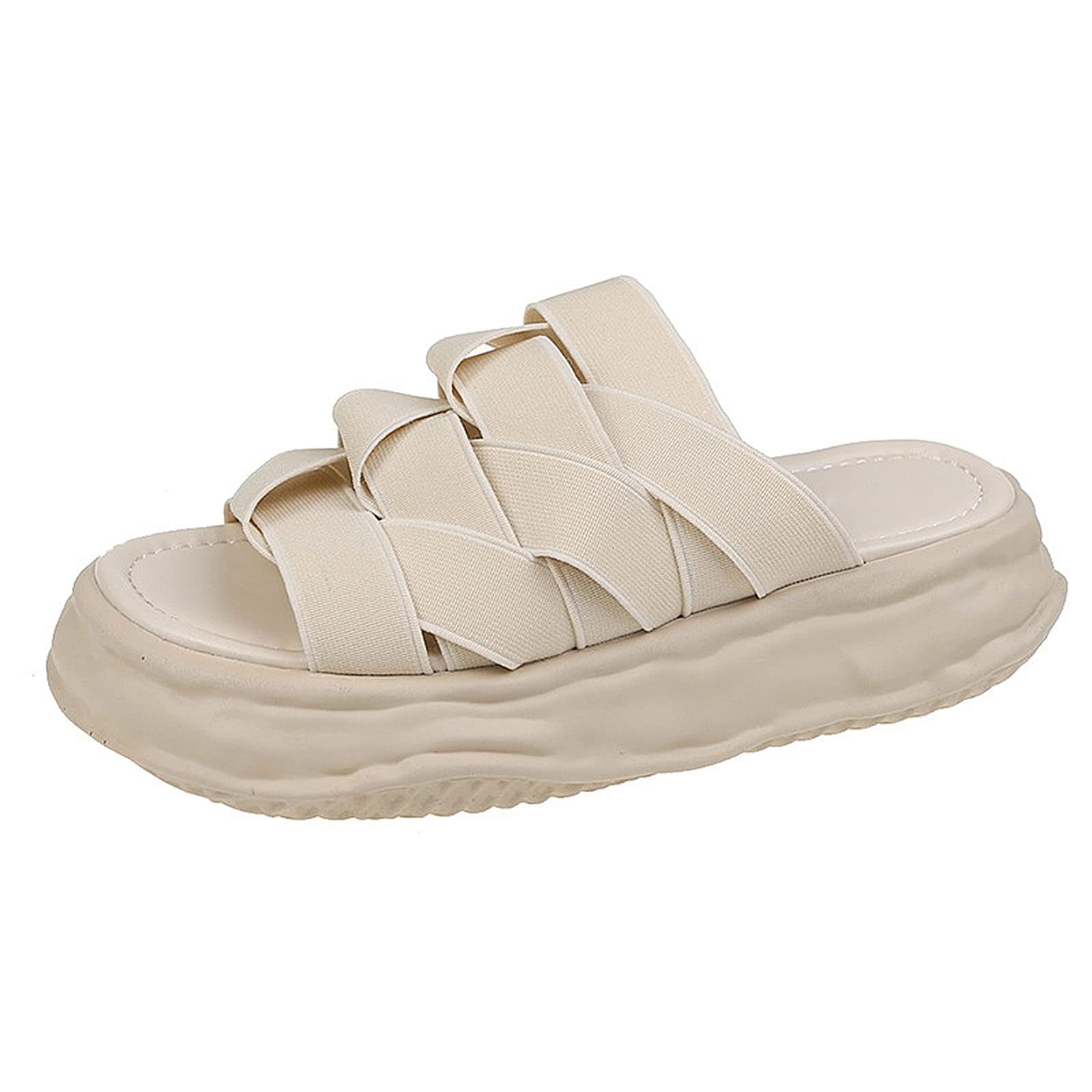 WOilERQ Women's Comfortable Woven Elastic Band Slippers - Summer Thick-Soled Memory Foam Sandals for Indoor & Outdoor Use | Open-Toe Design, Two-Way Wear, Beige Size 39 | Perfect for Home, Beach, and Casual Outings