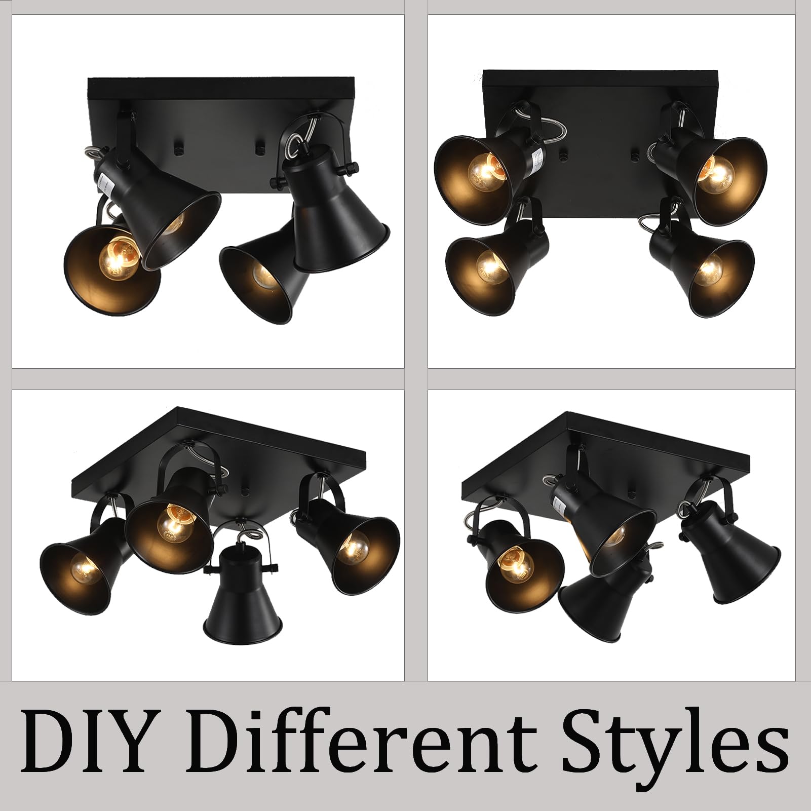 SEEBLEN 4-Light Black Adjustable Track Lighting Fixture, Square Flush Mount Ceiling Light for Kitchen, Dining Room, Living Room, Bedroom, Hallway - Perfect for Modern Home and Office Lighting