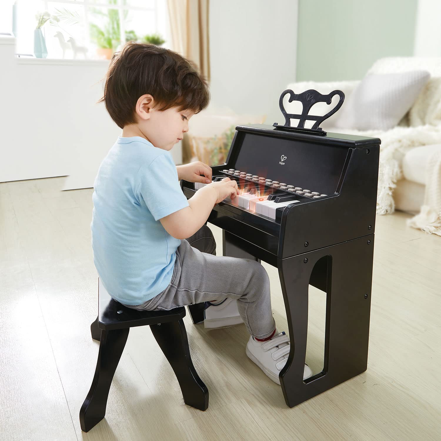 Hape Learn with Lights Black Piano with Stool - Kids Musical Toy Keyboard for Early Learning & Play - Perfect for Home, Classroom & Music Enthusiasts