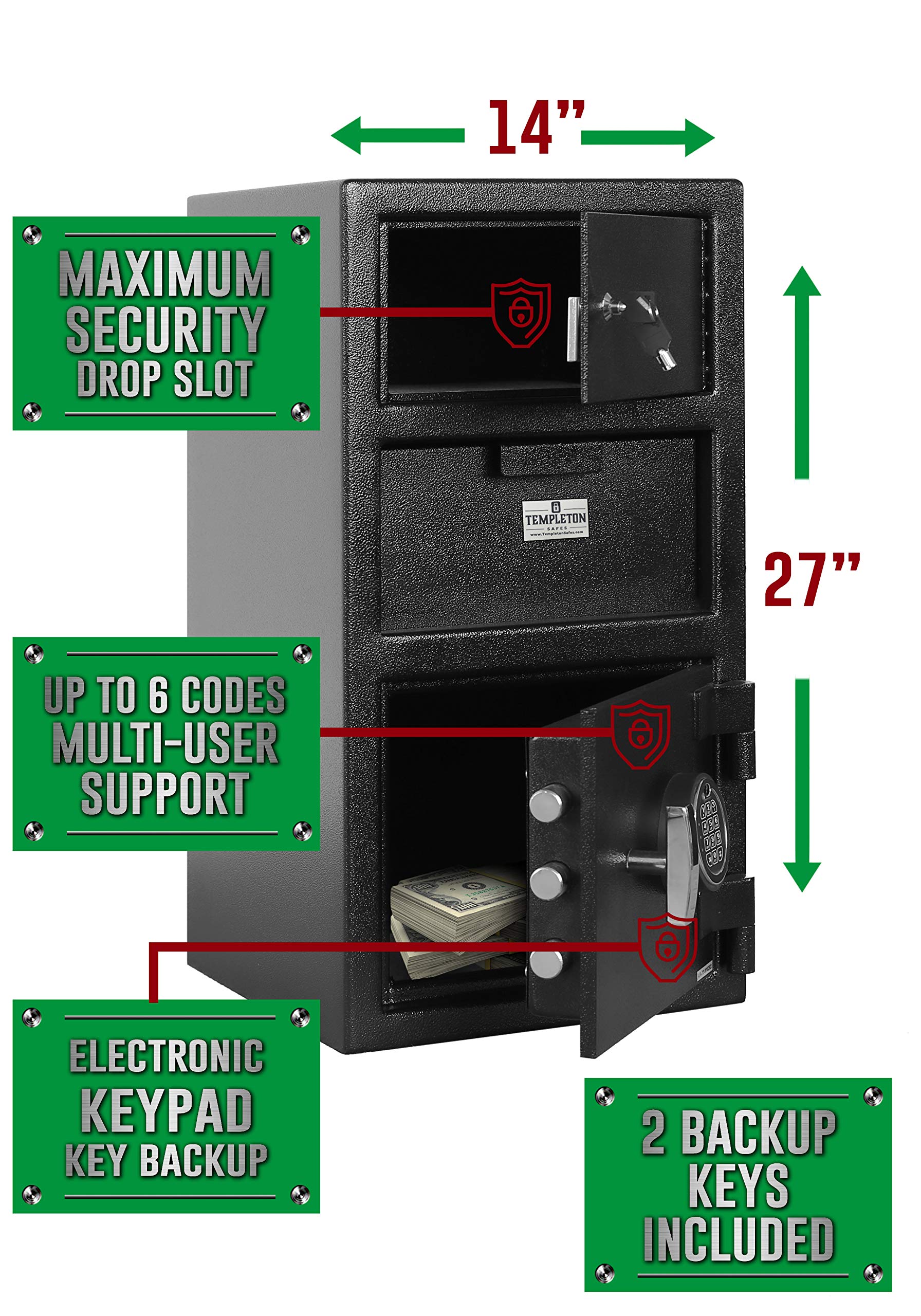 Templeton Standard Depository Drop Safe & Lock Box - Electronic Keypad Combination Lock with Backup Key, Anti-Theft Security (1.5 Cubic Feet, Black) - Ideal for Home, Office & Retail Cash Storage