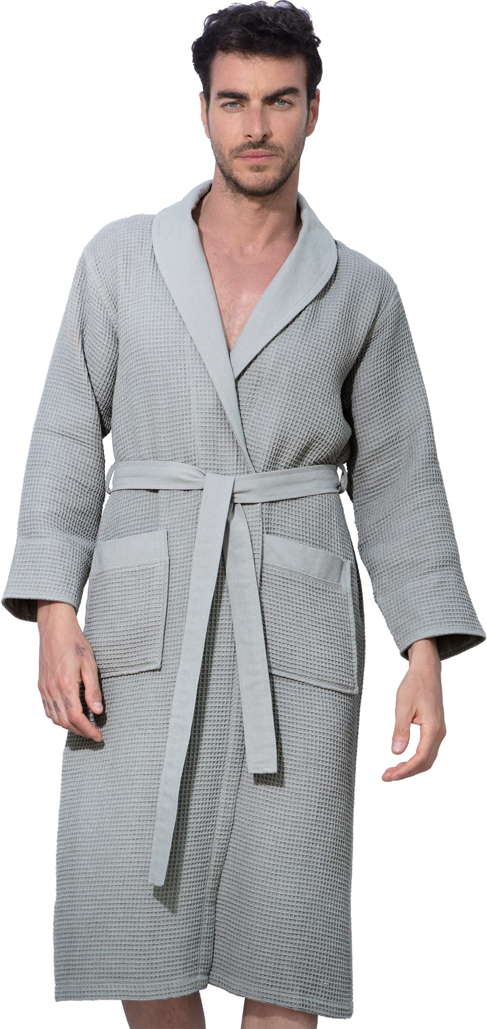 Men's Lightweight Cotton Waffle Weave Hooded Bathrobe - Ultra Soft Full Length Spa Sleepwear for Relaxation & Lounging at Home (XX-Large, Grey) - Perfect for Morning Coffee, Spa Days & Cozy Evenings