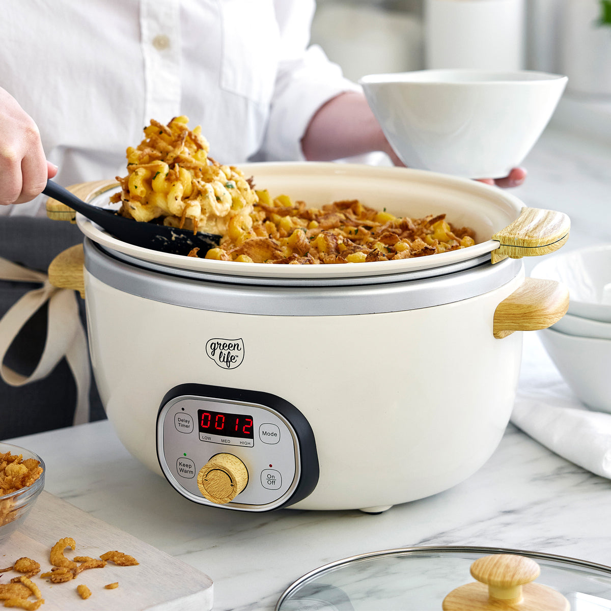 GreenLife Healthy Duo 6 Quart Slow Cooker with Cream Finish | Non-Toxic Ceramic Cooking Pot for Healthy Meals | Perfect for Soups, Stews, and Family Dinners