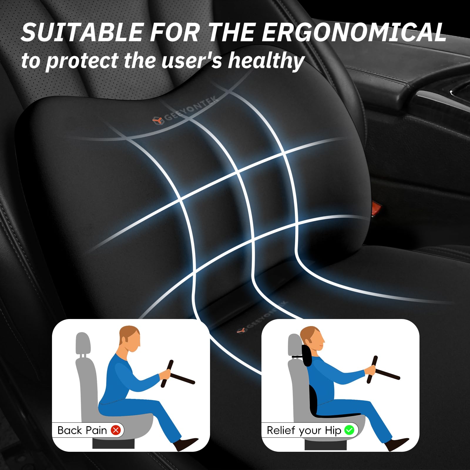 Ergonomic Car Seat Cushion with Memory Foam - 3-Piece Set with Neck Pillow & Lumbar Support for Sciatica & Tailbone Pain Relief - Perfect for Driving, Office Chairs & Wheelchairs - Black