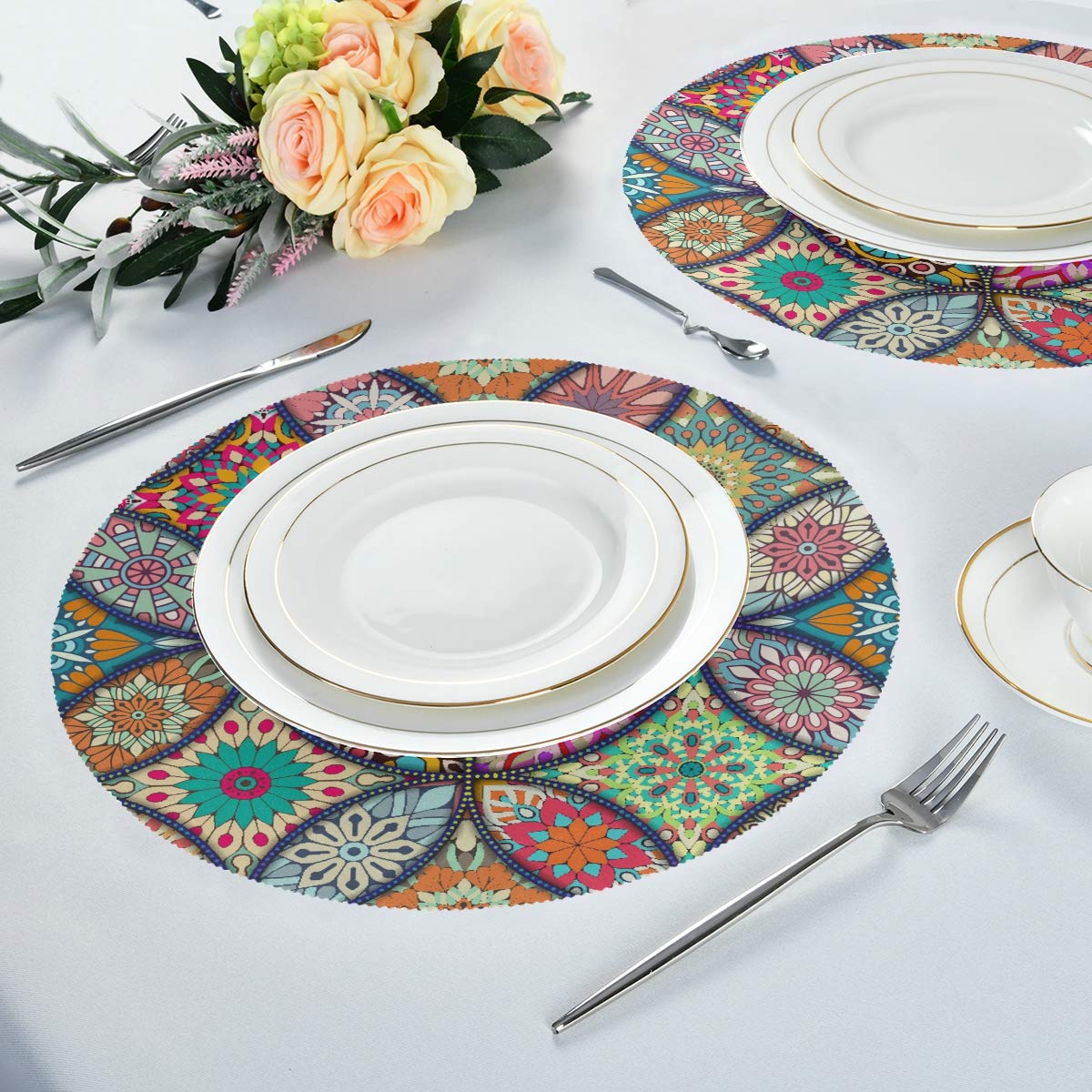 Boho Round Placemats Set of 1 - Washable Polyester Table Mats with Mandala Design for Dining & Kitchen Decor | Perfect for Home, Restaurant, and Party Use