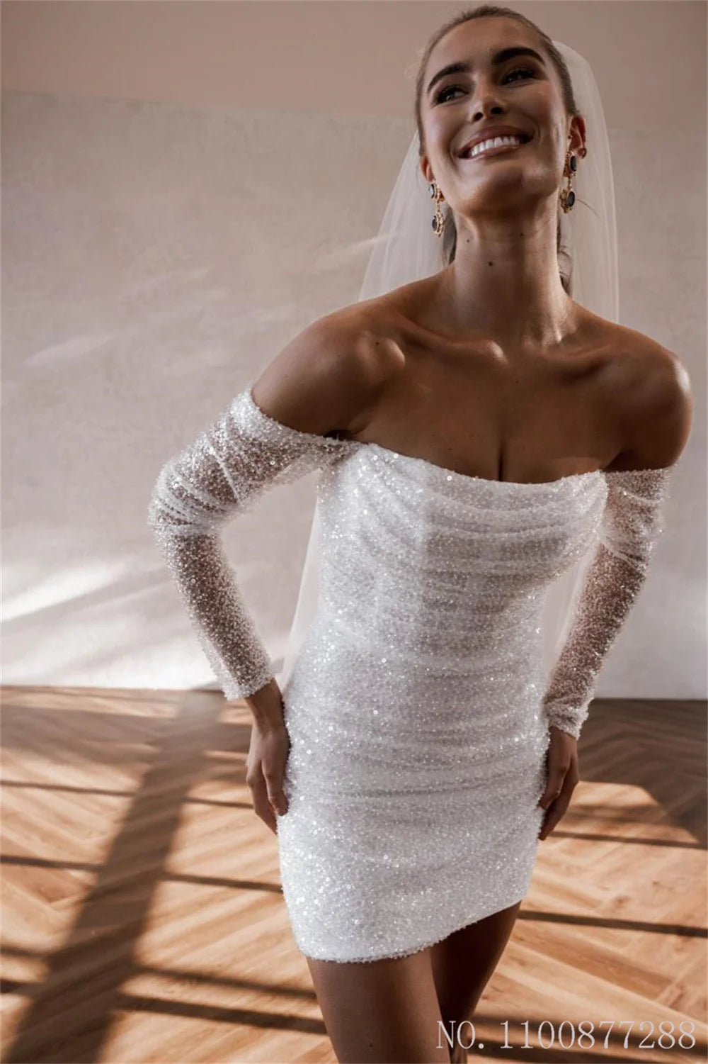 Elegant Off Shoulder Sequins Glitter Wedding Dress | Sheer Short Mini Bridal Gown for Beach Weddings, Bachelorette Parties & Romantic Photoshoots