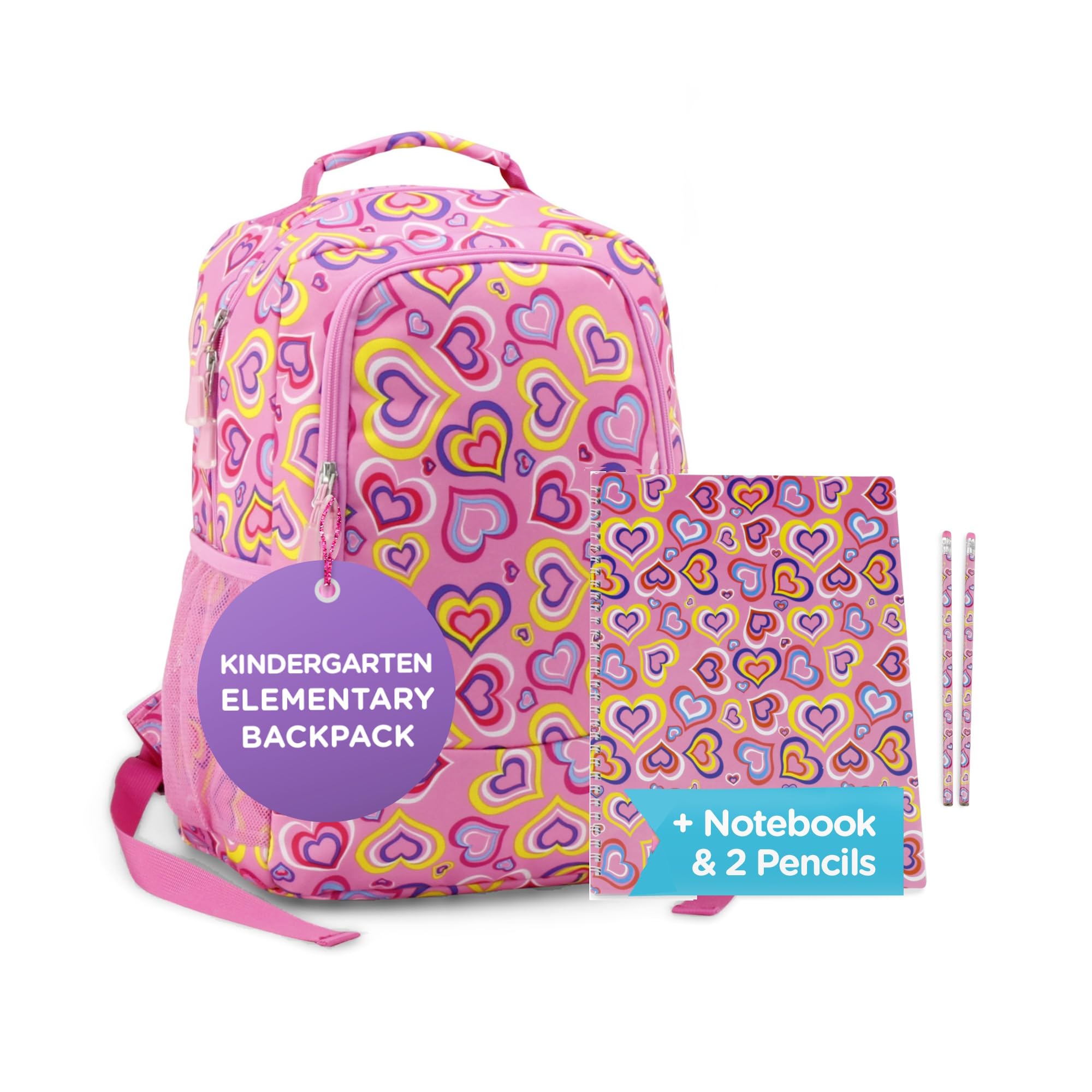 Emily Rose Kids Backpack 16 Inch - School Bookbag for Elementary & Kindergarten Girls with Notebook & Pencils - Cute Playful Hearts Design - Perfect for School, Travel, Daycare & Outdoor Adventures