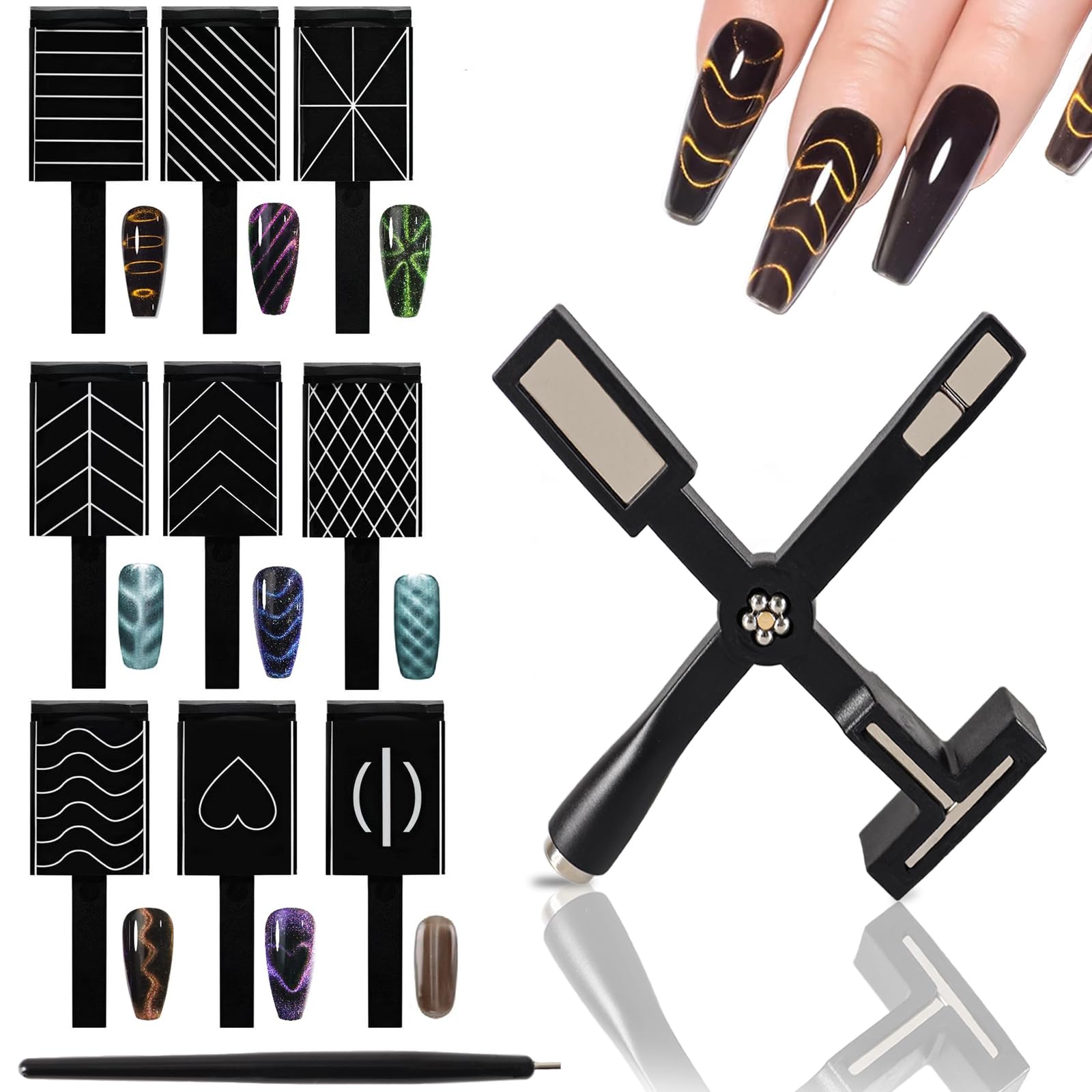 11PCS Cat Eye Gel Nail Polish Kit with 5-in-1 Magnet Tool, 9 Stripe Plates & Magnet Pen - Professional Nail Art Set for Salon & DIY Manicures at Home (Black) - Perfect for Parties, Weddings & Special Occasions