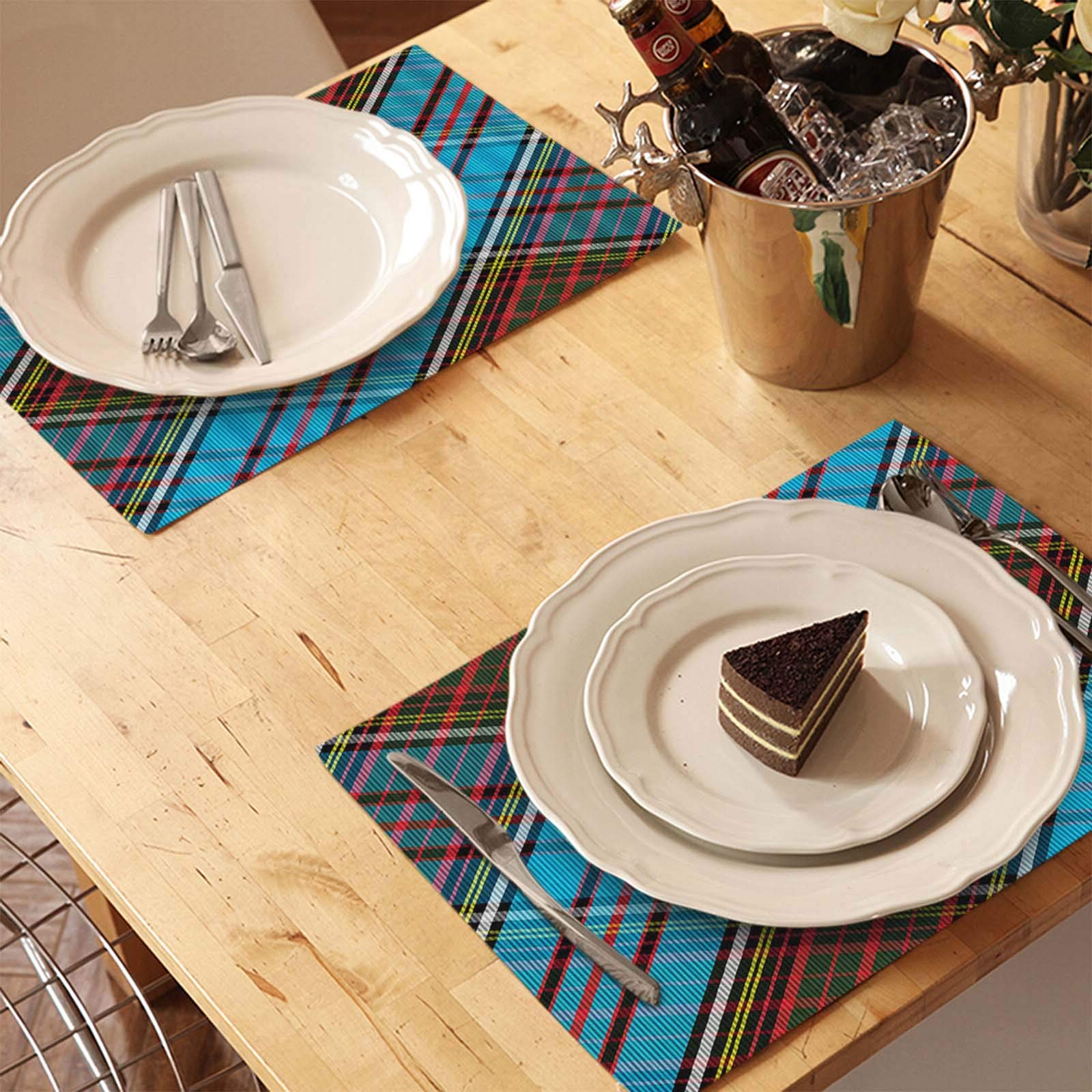 HOSNYE Tartan Clan Place Mats Set of 4 - Anderson Diagonal Blue Red Black Washable Fabric Table Mats for Dining | Perfect for Scottish-Themed Dinners, Holiday Gatherings & Home Decor