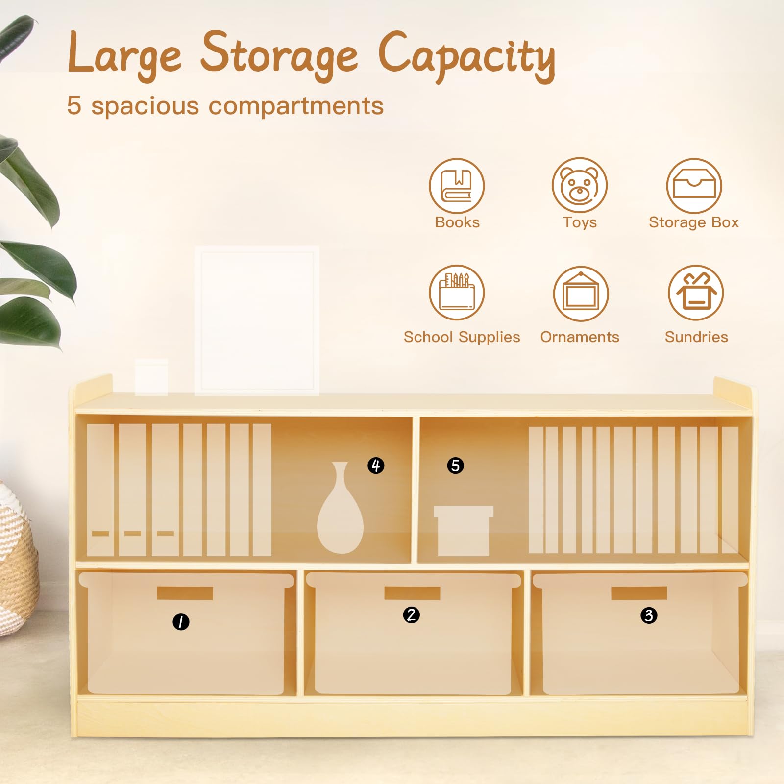 Montessori Wooden Toy Storage Organizer - 2-Shelf Bookcase & 5-Section Cabinet for Kids Books & Toys | Natural Wood Nursery Shelf for Playroom, Kindergarten & Toddler Bedroom Organization